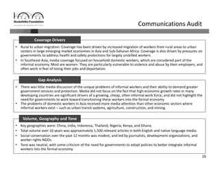 26
Communications Audit
• Key geographies were: China, India, Indonesia, Thailand, Nigeria, Kenya, and Ghana.
• Total volume over 10 years was approximately 1,500 relevant articles in both English and native language media.
• Social conversation over the past 12 months was modest, and led by journalists, development organizations, and 
worker rights NGOs.
• Tone was neutral, with some criticism of the need for governments to adopt policies to better integrate informal 
workers into the formal economy.
• Rural to urban migration: Coverage has been driven by increased migration of workers from rural areas to urban 
centers in large emerging market economies in Asia and Sub‐Saharan Africa. Coverage is also driven by pressures on 
governments to address health and safety protections for largely unskilled workers. 
• In Southeast Asia, media coverage focused on household domestic workers, which are considered part of the 
informal economy. Most are women. They are particularly vulnerable to violence and abuse by their employers, and 
often work in fear of losing their jobs and deportation.
• There was little media discussion of the unique problems of informal workers and their ability to demand greater 
government services and protection. Media did not focus on the fact that high economic growth rates in many 
developing countries are significant drivers of a growing, cheap, often informal work force, and did not highlight the 
need for governments to work toward transitioning these workers into the formal economy.
• The problems of domestic workers in Asia received more media attention than other economic sectors where 
informal workers exist – such as urban transit systems, agriculture, construction, and mining.
Coverage Drivers
Gap Analysis
Volume, Geography and Tone
 