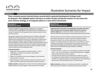 30
Universal Health Coverage has been rolled out in a number of 
countries, with varying degrees of implementation and evaluation. A 
number of activities at the population‐level could be scaled to reach 
informal workers:
Occupation‐related issues could be covered, to address differential
health risks of informal workers. Primary care, such as access for
families and to preventive services (e.g., reproductive, maternal and
child, and general health), could improve the health outcomes  of 
informal workers and their families. Health care professionals could be
trained to identify and treat the types of conditions experienced by 
informal workers. Gender issues, such as access to women’s health 
could be addressed at the population‐level. 
Potential Activities:
• Registration and enrollment of informal workers – this is 
challenging – reluctance to formalize, cannot afford 
premiums/fees, etc.
• Make use of mobile and online technologies to reach informal 
workers within a country.
• Work with governments and other partners to evaluate current 
efforts and then to pilot lessons learned and assess outcomes.
Options include: working with countries in the intermediate stage of 
implementation, the early stages or those who have not started.
Organizing informal workers and expanding partnerships with other 
actors has been used to bring the health focus work to informal 
worker subgroups. A number of activities could be extended  to 
informal worker groups through increased organizing and partnerships:
Informal workers and their families could receive greater primary care,
particularly reproductive, maternal and child, and general health.
Occupational health risks could be addressed by training informal 
workers in workplace health and safety and by increasing the number 
of health care providers to identify and treat conditions of informal 
work. New technology outreach efforts could increase worker access to 
health services, potentially through mHealth or K4Health.
Potential Activities:
• Informal workers in urban or in rural settings may share some health 
issues – e.g., access to facilities, environmental exposures –engaging 
them where they work may be an option
• Training informal workers to be advocates for health care access.
• Increasing work‐related health care by training primary health care 
providers to recognize symptoms, providing services and reporting on 
best practices and scale/scope issues on a national level
Options include: working in a very active space (Asia), a moderately 
active space (Latin America) or a relatively inactive space (Africa).
These scenarios present selected choices around which a potential development strategy could 
be designed. They highlight options that focus on either all types of informal workers in a less direct but 
more inclusive strategy, or on targeted subsets in a more direct intervention.
Illustrative Scenarios for Impact
Scenario 1: 
Population‐level
Scenario 2:
Informal Worker‐level
 
