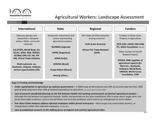 61
Fair‐trade certified networks 
among countries
CLAC (Latin America)
African Fair Trade Network 
(AFN)
Advocacy groups and 
researchers, standard‐
setters, NGOs, and multi‐
nationals
ILO (STEP), World Bank, EU, 
ECLAC, WHO, ISSA, WIEGO, 
GLOBAL GAP, IUF, SAI, FHI 
360, Ethical Trade Initiative 
Multi‐nationals‐ ex: 
Starbucks, Chiquita, Unilever, 
various supermarkets (UK)
FundersRegionalInternational 
Funders of Value Chain 
Projects in Agriculture
DFID (UK), USAID, FAO (UN), 
ITC, Gates Foundation (WIEGO)
Other Funders of Health 
Related Projects
WIEGO, MNE suppliers of 
agricultural exports (Ex: 
Mars Inc., Starbucks, 
Unilever), World Bank, 
UNESCO, World Cocoa 
Foundation, CIDA
Agricultural Workers: Landscape Assessment
State
Grassroots movements and 
unions representing 
agricultural workers
NUPAWU (Uganda)
UATRE (Argentina)
SEWA (India)
CONTAG (Brazil)
Kuapa Kokoo (Ghana)
Among others…
Gaps in Funding and Knowledge
• Under‐capitalization in agriculture by national governments – A 2008 study of Africa found only 19% of countries had met their 2003 
goal of dedicating more than 10% of national expenditure to agriculture. (Economic Report on Africa 2009)
• Lack of research specifically focusing on the link between health and working environments of informal agricultural workers –
Although the link between occupational hazards, health, and pesticide use has been established, little is know about longer term, less 
easily observable conditions, such as mental illness and muscular problems, which tend to go undiagnosed as work‐related. 
• Few Value‐Chain Analyses address informal employees within formal enterprises – Most target only small‐holder farmers, or 
entrepreneurs rather than informal employees. (WIEGO 2011)
• Lack of established research on the shifting forms of migrant and contract agricultural labor.
 