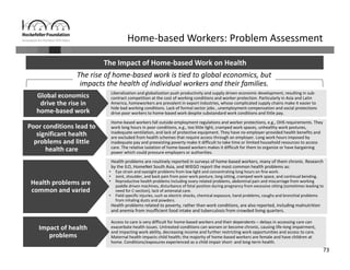 73
Home‐based workers fall outside employment regulations and worker protections, e.g., OHS requirements. They 
work long hours in poor conditions, e.g., too little light, cramped work spaces, unhealthy work postures, 
inadequate ventilation, and lack of protective equipment. They have no employer‐provided health benefits and 
are excluded from health schemes that require access through an employer. Long work hours imposed by 
inadequate pay and preexisting poverty make it difficult to take time or limited household resources to access 
care. The relative isolation of home‐based workers makes it difficult for them to organize or have bargaining 
power which could pressure employers or authorities.
Liberalization and globalization push productivity and supply driven economic development, resulting in sub‐
contract competition at the cost of working conditions and worker protection. Particularly in Asia and Latin 
America, homeworkers are prevalent in export industries, whose complicated supply chains make it easier to 
hide bad working conditions. Lack of formal sector jobs , unemployment compensation and social protections 
drive poor workers to home‐based work despite substandard work conditions and little pay.
Global economics 
drive the rise in 
home‐based work
Poor conditions lead to 
significant health 
problems and little 
health care
Access to care is very difficult for home‐based workers and their dependents – delays in accessing care can 
exacerbate health issues. Untreated conditions can worsen or become chronic, causing life‐long impairment, 
and impacting work ability, decreasing income and further restricting work opportunities and access to care. 
Maternal health impacts child health; the majority of home‐based workers are female and have children at 
home. Conditions/exposures experienced as a child impair short‐ and long‐term health. 
Impact of health 
problems
The Impact of Home‐based Work on Health
Home‐based Workers: Problem Assessment
The rise of home‐based work is tied to global economics, but 
impacts the health of individual workers and their families.
Health problems are routinely reported in surveys of home‐based workers, many of them chronic. Research 
by the ILO, HomeNet South Asia, and WIEGO report the most common health problems as:
• Eye strain and eyesight problems from low light and concentrating long hours on fine work.
• Joint, shoulder, and back pain from poor work posture, long sitting, cramped work space, and continual bending.
• Reproductive health problems including ovary related problems, abdominal pain and miscarriage from working 
paddle driven machines, disturbance of fetal position during pregnancy from excessive sitting (sometimes leading to 
need for C‐section), lack of antenatal care.
• Field specific injuries, such as electric shocks, chemical exposure, hand problems, coughs and bronchial problems 
from inhaling dusts and powders.
Health problems related to poverty, rather than work conditions, are also reported, including malnutrition 
and anemia from insufficient food intake and tuberculosis from crowded living quarters.
Health problems are 
common and varied
 