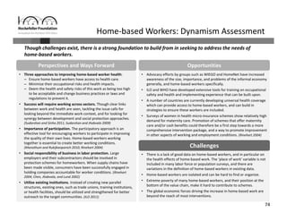 74
Though challenges exist, there is a strong foundation to build from in seeking to address the needs of 
home‐based workers.
Home‐based Workers: Dynamism Assessment
OpportunitiesPerspectives and Ways Forward
• Three approaches to improving home‐based worker health:
– Ensure home‐based workers have access to health care.
– Minimize their occupational risks and health impacts.
– Deem the health and safety risks of this work as being too high 
to be acceptable and change business practices or laws and 
regulations to prevent it.
• Success will require working across sectors. Though clear links 
between work and health are seen, tackling the issue calls for 
looking beyond the immediate work context, and for looking for 
synergy between development and social protection approaches. 
(Sudarshan and Sinha 2011; Sudarshan and Jhabvala 2009)
• Importance of participation. The participatory approach is an 
effective tool for encouraging workers to participate in improving 
the quality of their own lives. Home‐based workers working 
together is essential to create better working conditions.
(Manothum and Rukijkanpanich 2010; Rinehart 2004)
• Social responsibility of business in labor protection. Large 
employers and their subcontractors should be involved in 
protection schemes for homeworkers. When supply chains have 
been made visible, consumers have been successfully engaged in 
holding companies accountable for worker conditions. (Rinehart 
2004; Chen, Jhabvala, and Lund 2002)
• Utilize existing institutions. Instead of creating new parallel 
structures, existing ones, such as trade unions, training institutions, 
or health facilities, should be utilized and strengthened for better 
outreach to the target communities. (ILO 2011)
• Advocacy efforts by groups such as WIEGO and HomeNet have increased 
awareness of the size, importance, and problems of the informal economy 
generally, and home‐based workers specifically.
• ILO and WHO have developed extensive tools for training on occupational 
safety and health and implementing experience that can be built upon.
• A number of countries are currently developing universal health coverage 
which can provide access to home‐based workers, and can build in 
strategies to ensure these workers are included.
• Surveys of women in health micro‐insurance schemes show relatively high 
demand for maternity care. Promotion of schemes that offer maternity 
care and/or cash benefits could therefore be a first step towards a more 
comprehensive intervention package, and a way to promote improvement 
in other aspects of working and employment conditions. (Rinehart 2004)
• There is a lack of good data on home‐based workers, and in particular on 
the health effects of home‐based work. The ‘place of work’ variable is not 
included in many labor force or population surveys, and there are 
variations in the definition of home‐based workers in existing data.
• Home‐based workers are isolated and can be hard to find or organize.
• Extreme poverty of many home‐based workers, and their position at the 
bottom of the value chain, make it hard to contribute to schemes.
• The global economic forces driving the increase in home‐based work are 
beyond the reach of most interventions.
Challenges
 