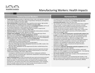 77
Manufacturing Workers: Health impacts
• An empirical analysis of factors affecting women homeworker’s health in 
India and Pakistan concluded that overall health status was more 
associated with poverty, rather than their work. 
• The exception was Incense making, which was found to have a negative 
effect on health. It involves exposure to toxic chemicals, normally 
handled with bare hands, leading to discoloring and injury to the skin. 
Workers inhaled dust and toxins causing irritation in the upper 
respiratory tract that resulted in asthma in many cases. In none of the 
cases treatment sought, despite awareness of the health problem. 
(Mehrotra and Biggeri 2002)
• In the same study, 48% of homeworkers reported health problems due 
to work. In all sectors some 30 to 71 per cent of homeworkers faced 
work related health problems. Shoulder pain and backache were the 
most commonly cited problems. (Mehrotra and Biggeri 2002)
• Homeworkers are generally subject to poor environmental conditions, 
sometimes hazardous occupations or processes, poor lighting and 
ventilation, non‐availability of safety devices, exposure to toxic 
substances, dangerous gases, and postural and spinal disorders. 
(Mehrotra and Biggeri 2002)
• Homeworkers rarely have appropriate protective equipment and may 
be unaware of safety measures. (WIEGO)
• Low price per piece means that other family members, particularly 
children, are often engaged to increase piece production – thus exposing 
them to the occupational hazards as well. (WIEGO)
• Use of toxic materials exposes other members of the household even if 
they are not involved in production.
• Health risks for homeworkers, and consequently their families, in the 
garment industry include repetitive strain, dust from cloth pieces and, in 
the case of some dyes, exposure to poisonous chemicals. (WIEGO)
Homeworkers
• Textile factories expose workers to high levels of dust, noise, and repetitive, stressful 
use of hands and feet, which often results in lung disease, hearing loss, and repetitive 
strain injuries. (Goldman and Hatch 2000)
• Food manufacturing is associated with many repetitive strain injuries, high accident 
rate, and exposure to biological hazards. (Goldman and Hatch 2000)
• Manufacturing is one of the highest risk sectors for occupational hazards, and ¾ to all 
of manufacturing workers may be exposed. (Benach et al 2007)
• Use of factory machinery or improperly sized tools can results in carpal tunnel 
syndrome and hand and wrist tendonitis. (WHO 2006)
• Chemical exposure is common, specifically with goods like metal products and plastic 
boats and in the case of some dyes. (Benach et al 2007)
• Irregular work availability, and therefore income, fluctuating with buyer driven 
demand, as well as long and irregular working hours. (WIEGO)
• Many informal workers work in unregulated factories that do not meet industry code, 
illegally constructed and lacking proper fire safety measures such as fire extinguishers 
and emergency exits, which can results in devastating factory fires.
– In Bangladesh in Nov 2012, 120 workers were killed at a Tazreen Fashions factory 
making clothes for several European brands.
– Fire at a Smart Export Garments factory in Jan 2013 killed 7.
– More than 700 people have died in Bangladesh factories since 2005, mostly in the 
garment industry. (Business Insider)
– Since Nov 2012, Bangladesh has also experienced 18 other nonfatal factory fires.
(New York Times)
• The mass fainting of workers has become a regular occurrence in garment and shoe 
factories in Cambodia, affecting dozens to several hundred workers at a time, with 
2,400 workers fainting in 2011 alone. (Merk 2012)
– Investigations identified several contributory factors: inadequate ventilation; 
noxious chemicals; low blood sugar; malnutrition; dehydration; food poisoning; long 
working days; and mass hysteria.
• Export Processing Zones are often associated with poor work environments and work 
practices, including un‐paid overtime work, inhuman working hours and deficient 
health and safety. In some factories workers are locked into the workplace during 
working hours, and workers have died in fires while being locked in. Poor ventilation, 
failure to provide medical attention, and lack of proper accommodation are other 
examples of EPZs employment practices. (Benach et al)
Factory‐based Workers
 