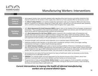 78
• ILO’s Work Improvement for Small Enterprises (WISE) program relies on the initiative of the local people, entrepreneurs 
and workers. They are guided to look at good local examples, check available local solutions, plan and implement actions 
which will be useful for improving working conditions and productivity. 
• ILO’s Work Improvement for Safe Home (WISH) program responds to the immediate needs of homeworkers and 
provides them with practical, easy‐to‐implement ideas to improve their safety, health and working conditions. These 
improvements will also contribute to higher productivity and efficiency of their work and promote active participation 
and cooperation of home workers in the same workplace or in the same community. 
• Social protections can reduce the financial shocks of an injury or health event, which can devastate an entire family, 
by providing access to affordable health care. 
• UMASIDA is an umbrella health insurance organization for the informal economy in Dar es Salaam, whose main 
objective is to provide health care to all its members and their families on an insurance basis.
• The government of India established Worker Welfare Funds for several categories of informal workers, providing a 
variety of social protections, including access to health facilities. Among the adult women workers, those covered by 
the funds are much more likely to seek health care.
• Increased oversight, and in particular onsite inspections, are an important aspect of factory safety.
• Publishing compliance with indicators, at the factory level, including the naming on clients, encourages unwilling 
manufacturers and buyers to address health‐threatening violations.
• ILO’s Better Factories Cambodia project seeks to improve working conditions of factories in Cambodia and compliance 
with international labor standards. Manufacturers must participate in order to earn an export license. Factory monitoring 
is key and factories must sign an MOU allowing full access to ILO monitors, of premises, documents, and interaction with 
workers. BFC has produced “Good practice sheets” and comic books on other topics, such as health.
Workplace 
Training
Workplace 
Training
RegulationRegulation
Social 
Protection
Social 
Protection
Voluntary 
Codes of 
Conduct
Voluntary 
Codes of 
Conduct
• Some apparel retailers have voluntarily adopted codes regarding ethical work practices and worker protections that 
improve conditions for the workers in their supply chain, which can an have a positive effect on the business as well. 
• The Ethical Trading Initiative is a tri‐partite membership organization made up of companies, NGOs and Trade Unions. 
Member companies are required to adopt the ETI Base Code, which is derived from core International Labor Standards, 
and to commit to ensuring compliance with the Base Code throughout their supply chains. 
Current interventions to improve the health of informal manufacturing 
workers are of several distinct types.
Manufacturing Workers: Interventions
 