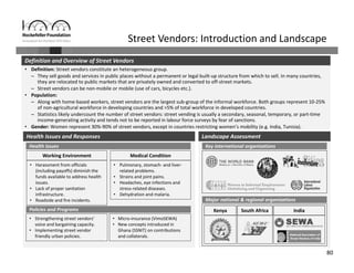80
Street Vendors: Introduction and Landscape
• Definition: Street vendors constitute an heterogeneous group.
– They sell goods and services in public places without a permanent or legal built‐up structure from which to sell. In many countries, 
they are relocated to public markets that are privately owned and converted to off‐street markets.
– Street vendors can be non‐mobile or mobile (use of cars, bicycles etc.).
• Population: 
– Along with home‐based workers, street vendors are the largest sub‐group of the informal workforce. Both groups represent 10‐25% 
of non‐agricultural workforce in developing countries and >5% of total workforce in developed countries.
– Statistics likely undercount the number of street vendors: street vending is usually a secondary, seasonal, temporary, or part‐time 
income‐generating activity and tends not to be reported in labour force surveys by fear of sanctions.
• Gender: Women represent 30%‐90% of street vendors, except in countries restricting women’s mobility (e.g. India, Tunisia).
Definition and Overview of Street Vendors
Landscape Assessment
Key international organizations
Major national & regional organizations
Kenya South Africa India
Health Issues and Responses
Health Issues
Policies and Programs
• Harassment from officials
(including payoffs) diminish the 
funds available to address health
issues.
• Lack of proper sanitation
infrastructure.
• Roadside and fire incidents.
• Strengthening street vendors’ 
voice and bargaining capacity.
• Implementing street vendor 
friendly urban policies.
• Pulmonary, stomach‐ and liver‐
related problems.
• Strains and joint pains.
• Headaches, eye infections and 
stress‐related diseases.
• Dehydration and malaria.
Working Environment Medical Condition
• Micro‐insurance (VimoSEWA)
• New concepts introduced in 
Ghana (SSNIT) on contributions 
and collaterals.
 