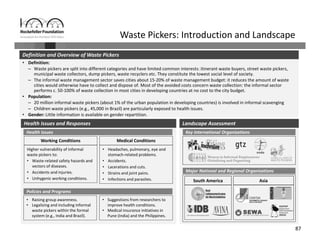 87
Waste Pickers: Introduction and Landscape
• Definition:
– Waste pickers are split into different categories and have limited common interests: itinerant waste buyers, street waste pickers, 
municipal waste collectors, dump pickers, waste recyclers etc. They constitute the lowest social level of society. 
– The informal waste management sector saves cities about 15‐20% of waste management budget: it reduces the amount of waste 
cities would otherwise have to collect and dispose of. Most of the avoided costs concern waste collection: the informal sector 
performs c. 50‐100% of waste collection in most cities in developing countries at no cost to the city budget. 
• Population: 
– 20 million informal waste pickers (about 1% of the urban population in developing countries) is involved in informal scavenging
– Children waste pickers (e.g., 45,000 in Brazil) are particularly exposed to health issues. 
• Gender: Little information is available on gender repartition.
Definition and Overview of Waste Pickers
Landscape Assessment
Key International Organizations
Major National and Regional Organizations
South America Asia
Health Issues and Responses
Health Issues
Policies and Programs
Working Conditions
• Raising group awareness. 
• Legalizing and including informal
waste pickers within the formal
system (e.g., India and Brazil).
Medical Conditions
Higher vulnerability of informal
waste pickers to:
• Waste‐related safety hazards and 
vectors of diseases.
• Accidents and injuries.
• Unhygenic working conditions.
• Headaches, pulmonary, eye and 
stomach‐related problems.
• Accidents.
• Lacerations and cuts.
• Strains and joint pains.
• Infections and parasites.
• Suggestions from researchers to 
improve health conditions.
• Medical insurance initiatives in 
Pune (India) and the Philippines.
 