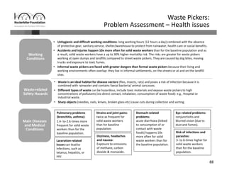 88
Waste Pickers:
Problem Assessment – Health issues
• Waste is an ideal habitat for disease vectors (flies, insects, rats) and poses a risk of infection because it is 
combined with rainwater and contains faecal bacteria/ animal carcasses.
• Different types of waste can be hazardous, include toxic materials and expose waste pickers to high 
concentrations of pollutants (via direct contact, inhalation, consumption of waste food): e.g., Hospital or 
industrial waste.
• Sharp objects (needles, nails, knives, broken glass etc) cause cuts during collection and sorting.
Waste‐related 
Safety Hazards
Waste‐related 
Safety Hazards
Main Diseases 
and Medical 
Conditions
Main Diseases 
and Medical 
Conditions
Working 
Conditions
Working 
Conditions
• Unhygienic and difficult working conditions: long working hours (12 hours a day) combined with the absence 
of protective gear, sanitary service, shelter/warehouse to protect from rainwater, health care or social benefits.
• Accidents and injuries happen 10x more often for solid waste workers than for the baseline population and as 
a result, solid waste workers have a up to 30% higher mortality risk. The risks are greater for waste pickers 
working at open dumps and landfills compared to street waste pickers. They are caused by dog bites, moving 
trucks and exposure to toxic fumes.
• Informal waste pickers are faced with greater dangers than formal waste pickers because their living and 
working environments often overlap: they live in informal settlements, on the streets or at and on the landfill 
sites.
Pulmonary problems
(bronchitis, asthma):
1.4‐ to‐2.6‐times more 
frequent for solid waste 
workers than for the 
baseline population.
Dizziness, headaches
and nausea:
Exposure to emissions 
of methane, carbon 
dioxide & monoxide.
Strains and joint pains:
twice as frequent for 
solid waste workers 
than for baseline 
population.
Laceration‐related
issues can lead to 
infections, such as 
tetanus, hepatitis, or 
HIV.
Risk of infections and 
parasites:
3‐ to 6‐times higher for 
solid waste workers 
than for the baseline 
population.
Eye‐related problems:
conjunctivitis and 
blurred vision (due to 
dust and fumes).
Stomach‐related
problems:
acute diarrhoea (linked 
to consumption of or 
contact with waste 
foods) happens 10x 
more often for solid 
waste workers than for 
the baseline population.
 