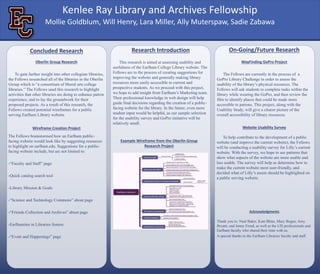 Oberlin Group Research
To gain further insight into other collegiate libraries,
the Fellows researched all of the libraries in the Oberlin
Group which is “a consortium of liberal arts college
libraries.” The Fellows used this research to highlight
activities that other libraries are doing to enhance patron
experience, and to lay the groundwork for their
proposed projects. As a result of this research, the
Fellows created potential wireframes for a public
serving Earlham Library website.
Concluded Research
Wireframe Creation Project
This research is aimed at assessing usability and
usefulness of the Earlham College Library website. The
Fellows are in the process of creating suggestions for
improving the website and generally making library
resources more easily accessible to current and
prospective students. As we proceed with this project,
we hope to add insight from Earlham’s Marketing team.
Their professional knowledge in web design will help
guide final decisions regarding the creation of a public-
facing website for the library. In the future, even more
student input would be helpful, as our sample selection
for the usability survey and GoPro initiative will be
relatively small.
Research Introduction On-Going/Future Research
WayFinding GoPro Project
The Fellows are currently in the process of a
GoPro Library Challenge in order to assess the
usability of the library’s physical resources. The
Fellows will ask students to complete tasks within the
library while wearing the GoPro, and then review the
film to identify places that could be made more
accessible to patrons. This project, along with the
Usability Study, will give a clearer picture of the
overall accessibility of library resources.
Website Usability Survey
To help contribute to the development of a public
website (and improve the current website), the Fellows
will be conducting a usability survey for Lilly’s current
website. With the survey, we hope to see patterns that
show what aspects of the website are more usable and
less usable. The survey will help us determine how to
make the current website most user-friendly, and
decided what of Lilly’s assets should be highlighted on
a public serving website.
Acknowledgments
Thank you to: Neal Baker, Kate Blinn, Mary Bogue, Amy
Bryant, and Jenny Freed, as well as the LIS professionals and
Earlham faculty who shared their time with us.
A special thanks to the Earlham Libraries faculty and staff.
The Fellows brainstormed how an Earlham public-
facing website would look like by suggesting resources
to highlight on earlham.edu. Suggestions for a public-
facing website include, but are not limited to:
-“Faculty and Staff” page
-Quick catalog search tool
-Library Mission & Goals
-“Science and Technology Commons” about page
-“Friends Collection and Archives” about page
-Earlhamites in Libraries feature
-“Event and Happenings” page
Mollie Goldblum, Will Henry, Lara Miller, Ally Muterspaw, Sadie Zabawa
Kenlee Ray Library and Archives Fellowship
Example Wireframe from the Oberlin Group
Research Project
 