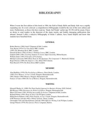 BIBLIOGRAPHY
When I wrote the first edition of this book in 1984, the field of Study Skills and Study Aids was a rapidly
expanding one. It is now colossal: a comprehensive bibliography would be the size of this new edition and
more. Furthermore, as those who have read my ‘Study Aid Tirade’ earlier (pp. 92–95) will be aware, I have
no desire to send readers in the direction of the many tawdry and frankly damaging publications that
abound. Instead I offer a selective bibliography of books I admire, have found helpful and know that
students have benefited from.
GENERAL
Robert Barrass (1984) Study! Chapman & Hall, London.
Tony Buzan (1974) Use Your Head, BBC, London.
(1993) The Mindmap Book, BBC, London.
Edward de Bono (1982) de Bono’s Thinking Course, BBC, London.
Graham Gibbs (1981) Teaching Students To Learn, Open University, Milton Keynes.
William James (1891) Principles of Psychology.
Michael Lockwood (1989) Mind, Brain & The Quantum: The Compound ‘I’, Blackwell, Oxford.
Roger Penrose (1989) The Emperor’s New Mind, OUP, Oxford.
Peter Russell (1979) The Brain Book, RKP, London.
MEMORY
Alan Baddeley (1976) The Psychology of Memory, Basic Books, London.
(1983) Your Memory: A User’s Guide, Penguin, Harmondsworth.
I.M.L.Hunter (1964) Memory, Penguin, Harmondsworth.
Frances A.Yates (1969) The Art of Memory, Penguin, Harmondsworth.
WRITING
Edward P.Bailey Jr. (1990) The Plain English Approach to Business Writing, OUP, Oxford.
Bill Bryson (1994) Dictionary for Writers & Editors, Penguin, Harmondsworth.
Maeve O’Connor (1991) Writing Successfully In Science, Chapman & Hall, London.
Richard Palmer (1993) Write In Style, E & FN Spon, London.
Philip Davies Roberts (1987) Plain English: A User’s Guide, Penguin, Harmondsworth.
O.M.Thomson (3rd edn 1992) A Matter Of Style, Thorn, London.
Christopher Turk and John Kirkman (2nd edn 1989) Effective Writing, E & FN Spon, London.
George Watson (1970) The Literary Thesis, Longman, Harlow.
 