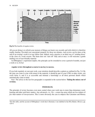 All you are doing is to refresh your memory of things you learnt very recently and with which it is therefore
readily familiar. Provided you concentrate properly for those ten minutes, such review can be done at the
end of an evening’s work or at any fallow time. Indeed, such a practice is an ideal way of ‘winding down’
at the close of a work session. The brain does not ‘turn off’ fully and at once: it will welcome a gentle
mulling over of user-friendly material.
As Ebbinghaus’s experiment implies, this principle can be extended to cover a period of months, not just
a week or so. In fact
regular review throughout a course is one key to success.
If you look regularly at your past work, your retention should describe a pattern as outlined in Fig. 5.4. By
the time you come to your sixth return to the material, it should be part of your LTM; in other words, you
really know it, and it is as accessible and intimate a knowledge as all those personal details which
automatically come to mind.
Note: The advice in the last few paragraphs is expanded in the section below: Taking the misery out of
revision.
FEED-BACK
The principle of review becomes even more central when your work runs to more than elementary word-
learning and other such basic matters. Any advanced—i.e. 16+ —course has areas which are less matters of
fact than matters of interpretation. This is more obviously the case in subjects like Literature and History
*For this table, and the account of Ebbinghaus’s work that it illustrates, I am indebted to Ian M.L.Hunter, Memory, pp.
126–8.
Fig 5.4 The benefits of regular review.
54 REVIEW
 