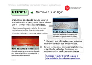 PREVENÇÃO DA CORROSÃO EM COMPONENTES METÁLICOS DA CONSTRUÇÃO
MATERIAL Alumínio e suas ligas
Perfil de alumínio anodizado
Corrosão resultante do contacto com
lixiviados da laje de cobertura (betão)
Perfil de alumínio termolacado
Corrosão resultante do contacto prolongado
com cloretos (depósitos) em zonas onde o
revestimento fora danificado
O alumínio anodizado é muito sensível
aos meios ácidos (pH<4) e aos meios básicos
(pH>8) – sofre corrosão generalizada.
•Os componentes deste material devem ser
colocados numa fase final da construção
•Produtos de limpeza neutros e não abrasivos
O alumínio termolacado é mais resistente
aos meios ácidos e aos meios básicos.
Contudo como protege apenas por acção barreira,
se danificado, o alumínio fica exposto aos
agentes corrosivos e sofre corrosão intensa
Limpeza regular é benéfica para a
durabilidade de ambos os produtos
 