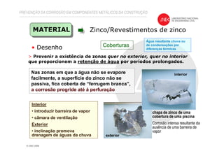 PREVENÇÃO DA CORROSÃO EM COMPONENTES METÁLICOS DA CONSTRUÇÃO
Nas zonas em que a água não se evapore
facilmente, a superfície do zinco não se
passiva, fica coberta de “ferrugem branca”,
a corrosão progride até á perfuração
• Desenho
MATERIAL Zinco/Revestimentos de zinco
Coberturas
> Prevenir a existência de zonas quer no exterior, quer no interior
que proporcionem a retenção de água por períodos prolongados.
Água resultante chuva ou
de condensações por
diferenças térmicas
Interior
• introduzir barreira de vapor
• câmara de ventilação
Exterior
• inclinação promova
drenagem de águas da chuva
chapa de zinco de uma
cobertura de uma piscina
Corrosão intensa resultante da
ausência de uma barreira de
vapor
interior
exterior
 