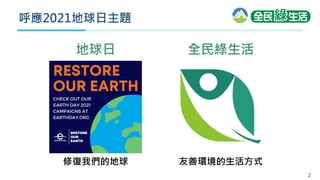 2
呼應2021地球日主題
友善環境的生活方式
修復我們的地球
全民綠生活
地球日
 