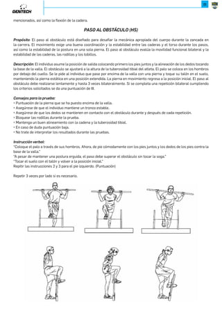 20 
CAP. 2 / EVALUACIONES 
0.UJ]UN]J[NLRKR[Ě^WJY^W]^JLRąWMNLN[XRNUMXUX[N]ĚJXLRJMXJJUP^WJYX[LRąWMNN]JY[^NKJ 
WY[XONRXWJUMNUJVNMRLRWJMNKN[NJURcJ[^WJNaQJ^]R_JN_JU^JLRąWMNUJcXWJMXUX[RMJ 
26952,*7,2*,5Ù72,*-.5*.7=*-255*-.*;;*7:.«-¬ 
La capacidad de realizar la sentadilla profunda requiere la flexión dorsal de la cadena cinética cerrada de los tobillos, la 
flexión de las rodillas y las caderas, y la extensión de la columna torácica, así como la flexión y abducción de los hombros. 
Una pobre realización de esta prueba puede ser el resultado de varios factores. La movilidad limitada en la parte superior 
del torso puede ser atribuido a la articulación glenohumeral y/o movilidad de la columna torácica. Movilidad limitada en 
la extremidad inferior incluyendo una pobre dorsiflexión de la cadena cinética cerrada de los tobillos o una pobre flexión de 
caderas también pueden causar un mal test. 
Cuando un atleta logre una calificación inferior a III, el factor limitante debe ser identificado. Documentación clínica de 
estas limitaciones se pueden obtener mediante el uso estándar de las mediciones goniométricas. Las pruebas anteriores 
han identificado el hecho de que cuando un atleta logre una calificación de II, las limitaciones de menor importancia con 
mayor frecuencia es la cadena cinética cerrada de la flexión dorsal del tobillo o la extensión de la columna torácica. Cuando 
un atleta consigue una la puntuación de I o menos, pueden existir limitaciones en cifras brutas con los movimientos antes 
 