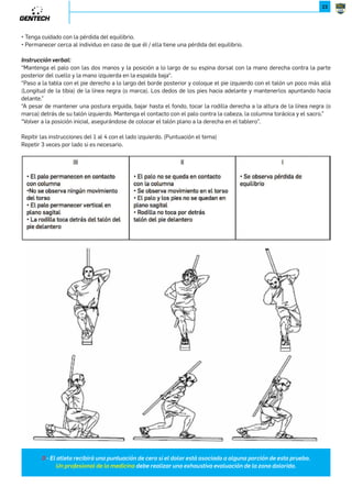 22 
CAP. 2 / EVALUACIONES 
0.UJ]UN]J[NLRKR[Ě^WJY^W]^JLRąWMNLN[XRNUMXUX[N]ĚJXLRJMXJJUP^WJYX[LRąWMNN]JY[^NKJ 
WY[XONRXWJUMNUJVNMRLRWJMNKN[NJURcJ[^WJNaQJ^]R_JN_JU^JLRąWMNUJcXWJMXUX[RMJ 
26952,*,287.,5Ù72,*9*;**59*8.58+=Û,58«1¬ 
La realización de la prueba de paso del obstáculo (HS) requiere estabilidad postural de la pierna, del tobillo, rodilla y 
cadera. El paso al obstáculo (HS) también requiere de la pierna de paso en la cadena cinética abierta flexión dorsal del 
tobillo, flexión de la rodilla y la cadera. Además, el atleta deberá tener un adecuado equilibrio, porque la prueba impone una 
necesidad de estabilidad dinámica. 
El bajo rendimiento en esta prueba puede ser el resultado de varios factores. Puede ser simplemente debido a la poca 
estabilidad en posición a una pierna o la poca movilidad de la pierna del paso. La imposición de máxima de flexión de la 
cadera de una pierna mientras se mantiene en extensión la cadera de la pierna opuesta exige al atleta demostrar la relación 
bilateral, asimétrica de la movilidad de la cadera. 
Cuando un atleta logre una calificación inferior a III, el factor limitante debe ser identificado. La clínica de estas limitaciones 
se pueden obtener mediante el uso estándar de las mediciones goniométricas de las articulaciones, así como pruebas de 
flexibilidad muscular, como la prueba o ensayo Thomas Kendall de opresión en el flexor de la cadera. Cuando la prueba 
ha determinado que un atleta logro una calificación de II, las limitaciones con más frecuencia existen en la dorsiflexión de 
tobillo y / o flexión de la cadera con la pierna del paso. Cuando un atleta tiene una puntuación menor, puede existir relación 
asimétrica de inmovilidad de la cadera y una pobre estabilidad del tronco. 
.=8,*-*.75Ù7.*«255¬ 
9[XYąR]X: Esta prueba intenta colocar al cuerpo en una posición que se centrará en las tensiones que simulen una 
rotación, controlando los movimientos laterales tipo. La estocada en línea es una prueba que coloca la extremidad inferior 
en una posición de tijera, desafiando al tronco y las extremidades del cuerpo para resistir la rotación adecuada y mantener 
alineación. Esta prueba evalúa la movilidad, la estabilidad de la cadera, el tobillo y la flexibilidad y estabilidad del cuádriceps 
con respecto a la rodilla. 
-NL[RYLRąW: El evaluador toma la longitud de la tibia del evaluado, midiendo desde el suelo hasta la tuberosidad anterior 
de la tibia. Se le pide al individuo que coloque su talón en el extremo final de la tabla. La medición de la tibia se aplica luego 
del final de los dedos del pie en el tablero y se hace una marca. El palo se coloca detrás de la espalda, tocando la cabeza, 
columna torácica y el sacro. La mano contraria al pie delantero debe ser la mano que agarra el palo en la columna cervical. 
La otra mano sujeta el palo en la columna lumbar. El individuo sube a la tabla colocando el talón del pie contrario a la 
marca indicada en la tablo. El individuo baja la rodilla lo suficiente para tocar la tabla detrás del talón del pie delantero y 
luego vuelve a la posición inicial. La estocada se ha realizado hasta tres veces de forma bilateral en una manera lenta y 
controlada. Si la repetición se completa con éxito, entonces es un tres. 
,XWNSXYJ[JUJY[^NKJ# 
P18.)()1$4=);5.()4=.E'$)11$(5:))$45=āY 
P18$158);3$4)'))4'54=$'=5'541$'$)C$Z1$'5134$=5;ė'.'$B)1$';5Y 
P1$1ā4+;54=$18);3$4)'))4'54=$'=5'541$=$1$B)1=$1ā4()$=;ė=5'$$1?51?);$1$85.'.ā4.4.'.$1Y 
P4'$5()(($84=$'.ā4$/$Y 
 