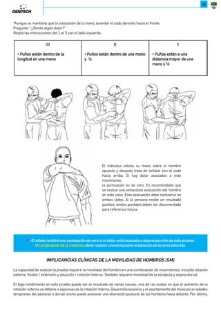 24 
26952,*7,2*,5Ù72,*-.5*.=8,*-*.75Ù7.* 
CAP. 2 / EVALUACIONES 
La capacidad de realizar la prueba de estocada en la línea, requiere la estabilidad del tobillo, rodilla y cadera, como así 
también de la abducción de la cadena cinética cerrada de la cadera. La estocada en línea también requiere movilidad de la 
cadera para el paso de la pierna, la flexión dorsal del tobillo, y la flexibilidad recto femoral. El atleta también debe mostrar 
un equilibrio adecuado debido a la tensión lateral impuesta. 
El bajo rendimiento en esta prueba puede ser el resultado de varios factores. En primer lugar, la movilidad de la cadera 
puede ser inadecuada ya sea en la pierna estática o la pierna de paso. En segundo lugar, de la manera que el atleta 
realiza la estocada la postura de la rodilla de la pierna o el tobillo pueden no tener la estabilidad necesaria. Por último, 
un desequilibrio entre la debilidad relativa de los aductores y abductor en una o ambas caderas pueden causar un pobre 
rendimiento en el test. También puede haber limitaciones en la región torácica, que puede inhibir al atleta para realizar la 
prueba correctamente. 
Cuando un atleta logre una calificación inferior a III, el factor limitante debe ser identificado. Documentación clínica de estas 
limitaciones se pueden obtener mediante el uso estándar de las mediciones goniométricas de las articulaciones, así como 
pruebas de flexibilidad muscular, como la prueba o ensayo Thomas Kendall de opresión en el flexor de la cadera. La prueba 
ha determinado que cuando un atleta logre una calificación de II, a menudo existen limitaciones menores de movilidad de 
una o ambas caderas. Cuando la puntuación es menor, una asimetría relativa entre la estabilidad y la movilidad se puede 
producir alrededor de una o ambas caderas. 
68?252-*--.186+;8«6¬ 
9[XYąR]X: EL test movilidad del hombro evalúa la amplitud de movimiento bilateral del hombro, que se combina con la 
rotación interna, aducción y extensión y rotación externa con abducción y flexión. También requiere una movilidad normal 
escapular y la extensión de la columna torácica. 
-NL[RYLRąW: El evaluador determina la longitud de la mano, midiendo la distancia desde el pliegue distal de la muñeca 
hasta la punta del tercer dedo. El individuo comienza de pie con los pies juntos, y permanece en esta posición a lo largo la 
prueba. El individuo se encargará de hacer un puño con cada mano, colocando el pulgar dentro del puño. Luego se le pide 
que asuma una máxima aducción, rotación interna y ampliar la posición con un hombro, y una máxima, flexión y rotación 
externa en la posición del otro. Durante la prueba las manos debe permanecer en puño y se deben colocar sobre la espalda 
con un movimiento uniforme. El evaluador entonces mide la distancia entre las 2 prominencias óseas. Realizar la prueba 
de movilidad del hombro hasta 3 veces de forma bilateral. 
=N]LXVYUNVNW]J[RX# 
Es un examen de compensación al final de la prueba de la movilidad del hombro. Este movimiento no se califica, simplemente 
se lleva a cabo para observar una respuesta al dolor. Si el dolor se produce, se registra una puntuación de cero a la prueba 
de la movilidad del hombro. Este test complementario es necesario porque el pinzamiento del hombro a veces puede pasar 
desapercibido por las pruebas de movilidad del hombro. 
,XWNSXYJ[JUJY[^NKJ# 
P1-53;5F)A.54$(5.()4=.E'$)11$(5:))$45=āY 
P.1$3)(.($()1$3$45))A$'=$3)4=)1$3.3$:)1$(.=$4'.$)4=;)15(584=5Z1$84=$'.ā4$/$Y 
P$8;)$()'538)4$'.ā48);$1$84=$'.ā45=)4.($)4)1;)=5()1$8;)$Y 
P$');435?.3.)4=5),;545=;$=$;()e'$3.4$;f1$3$454$-$'.$1$5=;$Y 
2W][^LLRąW_N[KJU# 
En una cómoda posición de pie, instruir al sujeto a: 
“Haga un puño con los pulgares metidos en el puño.” 
“En un solo movimiento, ponga su puño derecho sobre la nuca y el puño izquierdo detrás de la espalda.” 
-No se mueva más después de su colocación inicial. “(Medida de la distancia entre los puños. La proximidad más cercana 
para cada uno) 
Repita la instrucción 2, con la colocación otra mano. (Puntuación el tema) 
2W][^LLRąWYJ[J]N]LXVYUNVNW]J[RX# 
“Ponga su mano derecha sobre su hombro izquierdo.” 
 