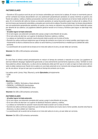 52 
*5=8 
CAP. 3 / CONSTRUCCIÓN DEL LEGO 
Identificaremos los saltos con el nombre de: 
P3^VY: ejercicios de salto bipodal con aterrizaje bipodal. 
P+X^WLN: ejercicios de salto con aterrizaje alternado. 
P1XY: ejercicios de salto aterrizando con la misma pierna del salto. 
Identificaremos al movimiento por planos: 
PJPR]JU: Lineal 
P/[XW]JU: Lateral (Multidireccional) 
P=[JW_N[JU: Rotacional (Multidireccional) 
Identificaremos la ejecución con el nombre de: 
P.454=;$35?.3.)4=5ƒ„ 
P5454=;$35?.3.)4=5ƒ„ 
P51)54=$'=5ƒŸ„ 
P54=.45ƒ„ 
.=Ù658.6*7*5.: 2 a 4 
,87=*,=898;.2Õ7: de 25 a 50 
.;2.98;.2Õ7: 10 o menos 
9;80;.287. 
/*. 
Los factores iniciales a tener en cuenta en la enseñanza y observación Pliométrica son la triple extensión (este factor es el 
mas importante ya que los jugadores deben aprender a empujar contra el piso y extender tobillos, rodillas y caderas para 
lograr un mejor acople segmentario) y la estabilidad en el aterrizaje (el contacto con el piso debe ser con todo el pie para 
aumentar la superficie de contacto llevando el peso del cuerpo hacia la parte media anterior del pie, no sentarse). Que los 
jugadores comprendan la importancia del aterrizaje es fundamental ya que aprender a frenar el cuerpo es determinante 
para iniciar un nuevo movimiento (desacelerar y volver a acelerar, cambiar el ángulo de la carrera, controlar el cuerpo antes 
 