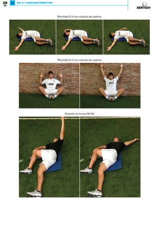 69 
de empuje que los ejercicios de tracción. 
Este tipo de programas de fuerza ocasionan serios problemas posturales ya que desarrollan mas los músculos pectorales 
y dedican un escaso trabajo en el fortalecimiento de los aductores de escapula. Programas que no proveen un equilibrado 
número de series de empuje y tracción predispone a los deportistas a provocar lesiones del hombro por sobreuso y 
disbalances. La incidencia entre deportistas que exceden con los ejercicios como el press de banca y las tendinosis del 
manguito rotador son realmente altas. Esta lesión en realidad no se da por un exceso de ejercicios como el Press de Banca 
sino que se dan por la falta de ejercicios de tracción. Es sumamente importante que exista un ratio apropiado entre la fuerza 
de empuje y la fuerza de tracción. 
Esta claro que cuando hablamos de un balance de ejercicios y repeticiones tambien se debe tener en cuenta a cada jugador 
ya que tal vez necesite tener un mayor número de repeticiones o ejercicios de empuje o tracción debido a situaciones 
particulares, en este caso utilizaremos un bloque auxiliar (lo explicaremos mas adelante) para generar un mayor estímulo 
según sus necesidades. 
t*UNW][NWJ[VČL^UXYXMNVXXU_RMJ[MNNW][NWJ[VX_RVRNW]XJUNW][NWJ[VX_RVRNW]X 
W^WLJXU_RMJ[NVXMNNW][NWJ[VČL^UXt 
Los programas tradicionales de entrenamiento de la fuerza están organizados según las partes del cuerpo, como espalda 
y bíceps, pecho, tríceps, y piernas. Habitualmente movimientos mono articulares, a veces con aparatos fijos, básicamente 
siempre planificados bajo estas consignas. Cuando nosotros diseñamos los planes de trabajo en el gimnasio vamos a 
pensar en los patrones de movimiento con ejercicios de empuje, tracción y movimientos de rotación. En múltiples planos, 
en múltiples articulaciones y en un balance de acciones. 
Planificaremos los 6X_RVRNW]X para: 
P.)3;5 