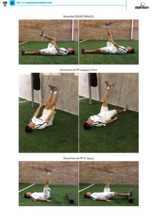 70 
62.6+;827/.;28;. 
UNIPODAL ESTOCADA CADERA DOMINANTE RODILLA D. 
;8=*,287*5b+8-B=8=*5 
Teniendo en cuenta los Movimientos vamos a determinar los ejercicios en 9[RVJ[RXXMN+JN y en ejercicios NL^WMJ[RX. 
Esta división la realizaremos en base a la posibilidad de carga utilizada y a la complejidad del movimiento. 
En el caso de los movimientos de 91 (Empuje) YJ[J6RNVK[X^YN[RX[N tomaremos como ejercicios 9[RVJ[RXX 
MN+JN a todos los de Press de Banco con Barra, este tipo de ejercicios es de menor complejidad debido a la posición del 
tronco (apoyado en una base estable) y simultáneamente permite aplicar mayor carga. Los ejercicios NL^WMJ[RX para 
Miembros Superiores de Push serán Aperturas, Aperturas Alternados (solo algunos ejemplos) ya que si bien la posición 
del tronco es estable, la carga que podemos utilizar con respecto a los ejercicios de Press de Banco con Barra es menor. 
Para los Movimientos de 955 (Tracción) para 6RNVK[X^YN[RX[N tomaremos como ejercicios 9[RVJ[RXXMN+JN a 
los ejercicios de Remo con Barra a 2 manos Bipodal por ser el ejercicios con mayor estabilidad y que mas carga nos permite 
utilizar. Los ejercicios NL^WMJ[RX para 6RNVK[X^YN[RX[N serán Remo con mancuerna a 1 mano bipodal (o estocada), 
Remo con mancuerna a 1 mano en 3 apoyos que si bien parecen similares no lo son ya que la demanda sobre el CORE es 
distinta y podemos utilizar menor carga que en el ejercicio Base. 
En el caso de movimientos de 91 para 6RNVK[X2WON[RX[N tomaremos como ejercicio 9[RVJ[RXXMN+JNa Sentadillas 
bipodal por ser el ejercicio que mayor carga nos permite utilizar. Los ejercicios NL^WMJ[RX para 6RNVK[X2WON[RX[N 
91 serán sentadillas Unipodales o Estocadas (solo son algunos ejemplos) ya que son mas inestables y podemos utilizar 
menor carga que en sentadillas. 
Para los ejercicios de 955 para 6RNVK[X2WON[RX[N vamos a dividirlos en Cadera Dominante o en Rodilla Dominante. 
El ejercicio 9[RVJ[RXXMN+JN de Cadera Dominante será Peso Muerto con barra bipodal por la estabilidad y por ser el 
ejercicio que mas carga nos permite utilizar. Los ejercicios NL^WMJ[RX para 6RNVK[X2WON[RX[N serán Peso Muerto 
unipodal con barra o con mancuerna y utilizaremos Patines o Swiss Balls para ejercicios Rodilla Dominante. 
Por lo tanto, bajo el tipo de Movimiento tenemos una variedad de Movimientos Primarios o de base y dentro de cada 
Movimiento de base tendremos varios Movimientos Secundarios. Organizaremos los Planes en progresiones que van desde 
lo más simple a lo más complejo. 
Una vez comprendidos los Movimientos analizaremos la construcción del plan. 
Dividiremos nuestro plan en BLOQUES según: 
98=.7,2* 
El énfasis estará centrado en la Máxima cantidad de fuerza y velocidad 
que puede suministrar el Sistema Neuro Muscular 
.693. 
62.6+;89.;28;. 
.3.;,2,28-27Û62,8 
62.6+;827/.;28;. 
BIPODAL 
2 Piernas 
1 Pierna 
2 Piernas 
1 Pierna 
=;*,,2Õ7 
CAP. 4 / RENDIMIENTO 
 