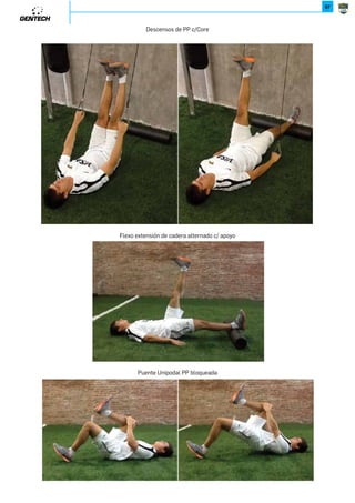 71 
Mayor demanda de Carga (Física y Neural). En este bloque se colocará 
el mayor énfasis del día. 
Menor demanda de Carga (Física y Neural). En este bloque se colocará 
el énfasis en los ejercicios Secundarios. 
Mayor demanda de Movimientos (Fisico, Neural, Metabólico), menor 
demanda de carga. El énfasis de este bloque estará puesto en los 
movimientos Complementarios y en la necesidades Individuales. 
El énfasis esta centrado en Mejorar el Rango Optimo de Movimiento 
(ROM) (Muscular, Fascia, Articulaciones) 
El énfasis esta centrado en Mejorar la habilidad del cuerpo para 
estabilizar una articulación. 
El énfasis esta en la Acción Dinámica de caderas y tronco. 
El énfasis esta centrado en la estabilidad que dará el tronco a los 
movimientos de Miembros Superiores e Inferiores. 
9;26*;28 
.,7-*;28 
*A252*; 
68?252-*- 
.=*+252-*- 
9;8952Õ7 
.=*+252-*- 
/.;C* 
68?262.7=8,8;;.,=2?8 
 68?262.7=8;8=*,287*5. 
Hablamos del énfasis puesto en cada bloque de nuestro plan y del tipo de Movimiento. 
El Y[RVN[ Bloque sobre el cual vamos a trabajar es la 9X]NWLRJ de todo el cuerpo, hablamos de movimientos explosivos 
con ejercicios y pausas de tipo Neural. Este bloque puede comenzar con énfasis en la técnica y en los cimientos para las 
próximas etapas. 
En el NP^WMX Bloque el énfasis estará puesto en PJWJ[/^N[cJ en el/los movimiento/s 9[RVJ[RXX+JN. 
En el NL^WMJ[RX de Fuerza el énfasis estará puesto en ejercicios que colaborarán para fortalecer a los movimientos 
primarios. 
Al hablar del bloque *^aRURJ[ (complementario) vamos a utilizar de 4 a 6 ejercicios que complementarán los ejercicios 
primarios, los ejercicios que utilizaremos tendrán como objetivo mejorar la estabilidad de los movimientos Primarios. 
También podemos planificar un bloque *^aRURJ[ (metabólico) el énfasis estará puesto en la demanda metabólica. 
Ahora hablaremos de los movimientos correctivos los cuales también tienen un punto de énfasis. 
Vamos a tener movimientos correctivos basados en la Movilidad o en la Estabilidad que, en realidad, consisten en 
enfocarse en la amplitud de movimiento, ya sea determinando la movilidad específica necesaria para el patrón de 
movimiento o restableciendo la relación longitud/tensión de los músculos principales que se están ejercitando mediante 
ese patrón de movimiento. El énfasis en el movimiento correctivo es mejorar la función del cuerpo, para estabilizar 
una articulación, mantener o mejorar el Rango Optimo de Movimiento. Los ejercicios correctivos se realizarán antes de 
comenzar el entrenamiento y también se alternarán con los ejercicios de Fuerza del Bloque Primario, Secundario o Auxiliar 
(complementario). 
Los movimientos de rotación también tienen un punto de énfasis, ya sea de estabilidad o propulsión; cuando hablamos 
sobre los movimientos de rotación propulsivos estamos pensando en el entrenamiento dinámico de las caderas y el torso. 
 