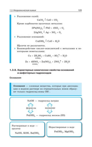 1.3. Неорганическая химия 109
²ÂÉÍÐÈÇÏÊÇ ÓÐÍÇË
'E'3 'E3 '3
¬ÒÐÎÇ ÌÂÒÃÐÏÂÔÐÄ ÛÇÍÐÙÏÝ× ÎÇÔÂÍÍÐÄ
4F 23 4F3 23 3
%K23 %K 23 3
²ÂÉÍÐÈÇÏÊÇ ÐÓÏÐÄÂÏÊË
'Y 3, 'Y3 , 3
»ÇÍÐÙÊ ÏÇ ÒÂÉÍÂÅÂàÔÓá
¤ÉÂÊÎÐÆÇËÓÔÄÊÇ ÌÊÓÍÐÔ ÐÌÊÓÍÊÔÇÍÇË Ó ÎÇÔÂÍÍÂÎÊ Ê ÏÇ
ÌÐÔÐÒÝÎÊ ÏÇÎÇÔÂÍÍÂÎÊ
'Y , 73 'Y73 73 , 3
R ,23 R 23 23 , 3
1.3.8. Характерные химические свойства оснований
и амфотерных гидроксидов
Основания
Основания z ÓÍÐÈÏÝÇ ÄÇÛÇÓÔÄÂ ÌÐÔÐÒÝÇ ÑÒÊ ÆÊÓÓÐØÊÂ
ØÊÊ Ä ÄÐÆÏÐÎ ÒÂÓÔÄÐÒÇ ÊÉ ÐÔÒÊØÂÔÇÍÞÏÝ× ÊÐÏÐÄ ÐÃÒÂÉÕ
àÔ ÔÐÍÞÌÐ ÅÊÆÒÐÌÓÊÆ ÊÐÏÝ 3,y
²ÂÓÔÄÐÒÊÎÝÇ Ä ÄÐÆÇ z
ÛÇÍÐÙÊ
2E3, /3, E 3,
¯ÇÒÂÓÔÄÐÒÊÎÝÇ Ä ÄÐÆÇ
*I 3, 1K 3,
2E3, z ÅÊÆÒÐÌÓÊÆ ÏÂÔÒÊá
*I 3, z ÅÊÆÒÐÌÓÊÆ ÈÇÍÇÉÂ ---
ÖÐÒÎÕÍÂ ÏÂÉÄÂÏÊÇ
X
X
X
X
ÌÐÏØ
ÌÐÏØ
 
