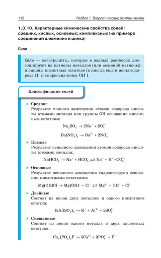 Раздел 1. Теоретические основы химии118
1.3.10. Характерные химические свойства солей:
средних, кислых, основных; комплексных (на примере
соединений алюминия и цинка)
Соли
Соли z ßÍÇÌÔÒÐÍÊÔÝ ÌÐÔÐÒÝÇ Ä ÄÐÆÏÝ× ÒÂÓÔÄÐÒÂ× ÆÊÓ
ÓÐØÊÊÒÕàÔ ÏÂ ÌÂÔÊÐÏÝ ÎÇÔÂÍÍÐÄ ÊÍÊ ÂÎÎÐÏÊË ÌÂÔÊÐÏÝ
Ê ÂÏÊÐÏÝ ÌÊÓÍÐÔÏÝ× ÐÓÔÂÔÌÐÄ Â ÊÏÐÅÆÂ ÇÛÇ Ê ÊÐÏÝ ÄÐÆÐ
ÒÐÆÂ , Ê ÅÊÆÒÐÌÓÊÆ ÊÐÏÝ 3,y
³ÒÇÆÏÊÇ
²ÇÉÕÍÞÔÂÔ ÑÐÍÏÐÅÐ ÉÂÎÇÛÇÏÊá ÂÔÐÎÐÄ ÄÐÆÐÒÐÆÂ ÌÊÓÍÐ
ÔÝ ÂÔÐÎÂÎÊ ÎÇÔÂÍÍÂ ÊÍÊ ÅÒÕÑÑÝ 3, ÐÓÏÐÄÂÏÊá ÌÊÓÍÐÔ
ÏÝÎ ÐÓÔÂÔÌÐÎ
Na SO Na SO2 4 → ++ −
2 4
2
Ba(NO ) Ba NO3 2
2
32→ ++ −
¬ÊÓÍÝÇ
²ÇÉÕÍÞÔÂÔ ÏÇÑÐÍÏÐÅÐ ÉÂÎÇÛÇÏÊá ÂÔÐÎÐÄ ÄÐÆÐÒÐÆÂ ÌÊÓÍÐ
ÔÝ ÂÔÐÎÂÎÊ ÎÇÔÂÍÍÂ
NaHCO Na HCO Na H +CO+
3 3 3
2
→ + ++ − + −
°ÓÏÐÄÏÝÇ
²ÇÉÕÍÞÔÂÔ ÏÇÑÐÍÏÐÅÐ ÉÂÎÇÛÇÏÊá ÅÊÆÒÐÌÓÐÅÒÕÑÑ ÐÓÏÐÄÂ
ÏÊá ÌÊÓÍÐÔÏÝÎÊ ÐÓÔÂÔÌÂÎÊ
1K 3, 'P 1K 3, 'Py
1K 3,y
'Py
¦ÄÐËÏÝÇ
³ÐÓÔÐáÔ ÊÉ ÊÐÏÐÄ ÆÄÕ× ÎÇÔÂÍÍÐÄ Ê ÐÆÏÐÅÐ ÌÊÓÍÐÔÏÐÅÐ
ÐÓÔÂÔÌÂ
KAl(SO ) K Al SO4 2
3
4
2
2→ + ++ + −
³ÎÇÚÂÏÏÝÇ
³ÐÓÔÐáÔ ÊÉ ÊÐÏÐÄ ÐÆÏÐÅÐ ÎÇÔÂÍÍÂ Ê ÆÄÕ× ÌÊÓÍÐÔÏÝ×
ÐÓÔÂÔÌÐÄ
Ca (PO ) F Ca PO F5 4 3 → + ++ − −
5 32
4
3
¬ÍÂÓÓÊÖÊÌÂØÊá ÓÐÍÇË
 