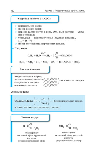Раздел 1. Теоретические основы химии162
ÈÊÆÌÐÓÔÞ ÃÇÉ ØÄÇÔÂ
ÊÎÇÇÔ ÒÇÉÌÊË ÉÂÑÂ×
×ÐÒÐÚÐ ÒÂÓÔÄÐÒáÇÔÓá Ä ÄÐÆÇ ÏÝË ÒÂÓÔÄÐÒ z ÕÌÓÕÓ
ÏÂá ßÓÓÇÏØÊá
ÃÇÉÄÐÆÏÂá z ÌÒÊÓÔÂÍÊÙÇÓÌÂá ÍÇÆáÏÂá ÌÊÓÍÐÔÂ
XÉÂÎ
³
ÊÎÇÇÔ ÄÓÇ ÓÄÐËÓÔÄÂ ÌÂÒÃÐÏÐÄÝ× ÌÊÓÍÐÔ
±ÐÍÕÙÇÏÊÇ
C H + H O CH C CH COOH2 2 3 3
Hg2+
2 → − →
,
3
', y ', y ', y ', 3 ', '33, , 3
Ä×ÐÆáÔ Ä ÓÐÓÔÂÄ ÈÊÒÐÄ
ÑÂÍÞÎÊÔÊÏÐÄÂá ÌÊÓÍÐÔÂ ' , '33, Ê× ÓÎÇÓÞ z ÓÔÇÂÒÊÏ
ÓÔÇÂÒÊÏÐÄÂá ÌÊÓÍÐÔÂ ' , '33,
ÐÍÇÊÏÐÄÂá ÌÊÓÍÐÔÂ ' , '33,
Сложные эфиры
Сложные эфиры z ÖÕÏÌØÊÐÏÂÍÞÏÝÇ ÑÒÐÊÉ
ÄÐÆÏÝÇ ÌÊÓÍÐÒÐÆÐÓÐÆÇÒÈÂÛÊ× ÌÊÓÍÐÔ
ßÔÊÍÖÐÒÎÊÂÔ
ßÔÊÍÐÄÝË ßÖÊÒ ÎÕÒÂÄÞÊÏÐË
ÌÊÓÍÐÔÝ
ÎÕÒÂÄÞÊÏÐßÔÊÍÐÄÝË ßÖÊÒ
ÎÇÔÊÍÂØÇÔÂÔ
ÎÇÔÊÍÐÄÝË ßÖÊÒ ÕÌÓÕÓÏÐË
ÌÊÓÍÐÔÝ
ÕÌÓÕÓÏÐÎÇÔÊÍÐÄÝË ßÖÊÒ
µÌÓÕÓÏÂá ÌÊÓÍÐÔÂ ', '33,
¤ÝÓÚÊÇ ÌÊÓÍÐÔÝ
¯ÐÎÇÏÌÍÂÔÕÒÂ
 
