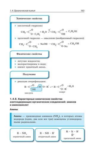 1.4. Органическая химия 163
ÌÊÓÍÐÔÏÝË ÅÊÆÒÐÍÊÉ
ÛÇÍÐÙÏÐË ÅÊÆÒÐÍÊÉ z ÐÎÝÍÇÏÊÇ ÏÇÐÃÒÂÔÊÎÝË ÅÊÆÒÐÍÊÉ
Na
Na
ÍÇÔÕÙÊÇ ÈÊÆÌÐÓÔÊ
ÎÂÍÐÒÂÓÔÄÐÒÊÎÝ Ä ÄÐÆÇ
ÊÎÇàÔ ÑÒÊáÔÏÝË ÉÂÑÂ×
ÒÇÂÌØÊá ßÔÇÒÊÖÊÌÂØÊÊ
1.4.8. Характерные химические свойства
азотсодержащих органических соединений: аминов
и аминокислот
Амины
Амины z ÑÒÐÊÉÄÐÆÏÝÇ ÂÎÎÊÂÌÂ 2, Ä ÌÐÔÐÒÝ× ÂÔÐÎÝ
ÄÐÆÐÒÐÆÂ ÐÆÊÏ ÆÄÂ ÊÍÊ ÄÓÇ ÔÒÊ ÉÂÎÇÛÇÏÝ ÕÅÍÇÄÐÆÐÒÐÆ
ÏÝÎÊ ÒÂÆÊÌÂÍÂÎÊ
6 y 2,
ÑÇÒÄÊÙÏÝË ÂÎÊÏ
6 y 2, y 6
ÄÔÐÒÊÙÏÝË ÂÎÊÏ
6 y 2 y 6
6
ÔÒÇÔÊÙÏÝË ÂÎÊÏ
·ÊÎÊÙÇÓÌÊÇ GÄÐËÓÔÄÂ
¶ÊÉÊÙÇÓÌÊÇ GÄÐËÓÔÄÂ
±ÐÍÕÙÇÏÊÇ
ÌÊÓÍÐÔÂ ÓÑÊÒÔ
 