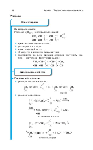Раздел 1. Теоретические основы химии168
Углеводы
¯Ç ÅÊÆÒÐÍÊÉÕàÔÓá
¥ÍàÌÐÉÂ ' , 3 ÄÊÏÐÅÒÂÆÏÝË ÓÂ×ÂÒ
ÌÒÊÓÔÂÍÍÊÙÇÓÌÐÇ ÄÇÛÇÓÔÄÐ
ÒÂÓÔÄÐÒáÇÔÓá Ä ÄÐÆÇ
ÊÎÇÇÔ ÓÍÂÆÌÊË ÄÌÕÓ
ÐÃÒÂÉÕÇÔÓá Ä ÑÒÐØÇÓÓÇ ÖÐÔÐÓÊÏÔÇÉÂ
ÓÐÆÇÒÈÊÔÓá ÄÐ ÄÓÇ× ÐÒÅÂÏÂ× ÉÇÍÇÏÝ× ÒÂÓÔÇÏÊË ÊÉÐ
ÎÇÒ z ÖÒÕÌÔÐÉÂ ÖÒÕÌÔÐÄÝË ÓÂ×ÂÒ
·ÊÎÊÙÇÓÌÊÇ ÓÄÐËÓÔÄÂ
¥ÍàÌÐÉÂ ÌÂÌ ÂÍÞÆÇÅÊÆ
ÒÇÂÌØÊá ÄÐÓÓÔÂÏÐÄÍÇÏÊá
CH CHOH C + H CH CHOH CH4 2 2 4 22 −( ) − → −( ) −
,
3
3¯ 3¯ 3¯
ÓÐÒÃÊÔ
ÒÇÂÌØÊá ÐÌÊÓÍÇÏÊá
CH CHOH C + Ag O4 22 −( ) −
,
3
3¯
2,
CH CHOH C 2Ag2 4−( ) − + ↓
3,
32,
3¯
ÅÍàÌÐÏÐÄÂá ÌÊÓÍÐÔÂ
CH CHOH C + 2Cu(OH)4 22 −( ) − →
X
,
3
3¯
CH CHOH C + Cu O2 4 2→ −( ) − ↓ +
X
2H O2
3¯
3,
3
ÎÐÒÌÐÄÏÝË ØÄÇÔ
®ÐÏÐÓÂ×ÂÒÊÆÝ
 