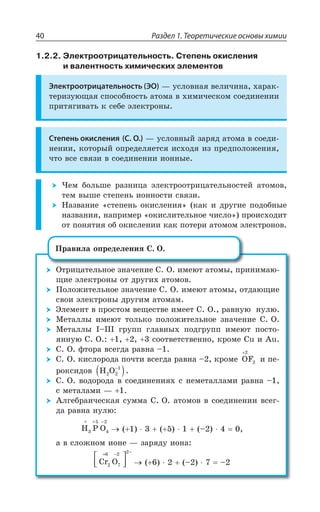 Раздел 1. Теоретические основы химии40
1.2.2. Электроотрицательность. Степень окисления
и валентность химических элементов
Электроотрицательность (ЭО) z ÕÓÍÐÄÏÂá ÄÇÍÊÙÊÏÂ ×ÂÒÂÌ
ÔÇÒÊÉÕàÛÂá ÓÑÐÓÐÃÏÐÓÔÞ ÂÔÐÎÂ Ä ×ÊÎÊÙÇÓÌÐÎ ÓÐÇÆÊÏÇÏÊÊ
ÑÒÊÔáÅÊÄÂÔÞ Ì ÓÇÃÇ ßÍÇÌÔÒÐÏÝ
Степень окисления (C. O.) z ÕÓÍÐÄÏÝË ÉÂÒáÆ ÂÔÐÎÂ Ä ÓÐÇÆÊ
ÏÇÏÊÊ ÌÐÔÐÒÝË ÐÑÒÇÆÇÍáÇÔÓá ÊÓ×ÐÆá ÊÉ ÑÒÇÆÑÐÍÐÈÇÏÊá
ÙÔÐ ÄÓÇ ÓÄáÉÊ Ä ÓÐÇÆÊÏÇÏÊÊ ÊÐÏÏÝÇ
¹ÇÎ ÃÐÍÞÚÇ ÒÂÉÏÊØÂ ßÍÇÌÔÒÐÐÔÒÊØÂÔÇÍÞÏÐÓÔÇË ÂÔÐÎÐÄ
ÔÇÎ ÄÝÚÇ ÓÔÇÑÇÏÞ ÊÐÏÏÐÓÔÊ ÓÄáÉÊ
¯ÂÉÄÂÏÊÇ ÓÔÇÑÇÏÞ ÐÌÊÓÍÇÏÊá ÌÂÌ Ê ÆÒÕÅÊÇ ÑÐÆÐÃÏÝÇ
ÏÂÉÄÂÏÊá ÏÂÑÒÊÎÇÒ ÐÌÊÓÍÊÔÇÍÞÏÐÇ ÙÊÓÍÐ ÑÒÐÊÓ×ÐÆÊÔ
ÐÔ ÑÐÏáÔÊá ÐÃ ÐÌÊÓÍÇÏÊÊ ÌÂÌ ÑÐÔÇÒÊ ÂÔÐÎÐÎ ßÍÇÌÔÒÐÏÐÄ
°ÔÒÊØÂÔÇÍÞÏÐÇ ÉÏÂÙÇÏÊÇ ' 3 ÊÎÇàÔ ÂÔÐÎÝ ÑÒÊÏÊÎÂà
ÛÊÇ ßÍÇÌÔÒÐÏÝ ÐÔ ÆÒÕÅÊ× ÂÔÐÎÐÄ
±ÐÍÐÈÊÔÇÍÞÏÐÇ ÉÏÂÙÇÏÊÇ ' 3 ÊÎÇàÔ ÂÔÐÎÝ ÐÔÆÂàÛÊÇ
ÓÄÐÊ ßÍÇÌÔÒÐÏÝ ÆÒÕÅÊÎ ÂÔÐÎÂÎ
¿ÍÇÎÇÏÔ Ä ÑÒÐÓÔÐÎ ÄÇÛÇÓÔÄÇ ÊÎÇÇÔ ' 3 ÒÂÄÏÕà ÏÕÍà
®ÇÔÂÍÍÝ ÊÎÇàÔ ÔÐÍÞÌÐ ÑÐÍÐÈÊÔÇÍÞÏÐÇ ÉÏÂÙÇÏÊÇ ' 3
®ÇÔÂÍÍÝ ”y””” ÅÒÕÑÑ ÅÍÂÄÏÝ× ÑÐÆÅÒÕÑÑ ÊÎÇàÔ ÑÐÓÔÐ
áÏÏÕà ' 3 ÓÐÐÔÄÇÔÓÔÄÇÏÏÐ ÌÒÐÎÇ 'Y Ê %Y
' 3 ÖÔÐÒÂ ÄÓÇÅÆÂ ÒÂÄÏÂ y
' 3 ÌÊÓÍÐÒÐÆÂ ÑÐÙÔÊ ÄÓÇÅÆÂ ÒÂÄÏÂ y ÌÒÐÎÇ OF
+2
2 Ê ÑÇ
ÒÐÌÓÊÆÐÄ H O2 2
1−
( ).
' 3 ÄÐÆÐÒÐÆÂ Ä ÓÐÇÆÊÏÇÏÊá× Ó ÏÇÎÇÔÂÍÍÂÎÊ ÒÂÄÏÂ y
Ó ÎÇÔÂÍÂÎÊ z
¢ÍÅÇÃÒÂÊÙÇÓÌÂá ÓÕÎÎÂ ' 3 ÂÔÐÎÐÄ Ä ÓÐÇÆÊÏÇÏÊÊ ÄÓÇÅ
ÆÂ ÒÂÄÏÂ ÏÕÍà
H P O3
+ +5
4
−2
y
Â Ä ÓÍÐÈÏÐÎ ÊÐÏÇ z ÉÂÒáÆÕ ÊÐÏÂ
Cr O2
6
7
2 2+ − −
⎡
⎣⎢
⎤
⎦⎥ y y
±ÒÂÄÊÍÂ ÐÑÒÇÆÇÍÇÏÊá ' 3
 