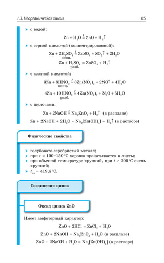 1.3. Неорганическая химия 65
Ó ÄÐÆÐË
Zn H O ZnO H+ = + ↑2 2
X
Ó ÓÇÒÏÐË ÌÊÓÍÐÔÐË ÌÐÏØÇÏÔÒÊÒÐÄÂÏÏÐË
Zn H SO ZnSO SO H O
êîíö.
+ = + ↑ +2 22 4 4 2 2
X
Zn H SO ZnSO H
ðàçá
+ = + ↑2 4 4 2
.
Ó ÂÉÐÔÏÐË ÌÊÓÍÐÔÐË
3 8 3 2 43 3 2 2Zn HNO Zn NO NO H O
êîíö.
+ = + ↑ +
X
( )
4 10 4 53 3 2 2 2Zn HNO Zn NO N O H O
ðàçá
+ = + +
.
( )
X
Ó ÛÇÍÐÙÂÎÊ
Zn NaOH Na ZnO H+ = + ↑2 2 2 2
X
Ä ÒÂÓÑÍÂÄÇ
R 2E3, , 3 2E ?R 3, A , Ä ÒÂÓÔÄÐÒÇ
ÅÐÍÕÃÐÄÂÔÐ ÓÇÒÇÃÒÊÓÔÝË ÎÇÔÂÍÍ
ÑÒÊ X y ³ ×ÐÒÐÚÐ ÑÒÐÌÂÔÝÄÂÇÔÓá Ä ÍÊÓÔÝ
ÑÒÊ ÐÃÝÙÏÐË ÔÇÎÑÇÒÂÔÕÒÇ ×ÒÕÑÌÊË ÑÒÊ X  ³ ÐÙÇÏÞ
×ÒÕÑÌÊË
XÑÍ
³
°ÌÓÊÆ ØÊÏÌÂ R3
ªÎÇÇÔ ÂÎÖÐÔÇÒÏÝË ×ÂÒÂÌÔÇÒ
R3 ,'P R'P , 3
R3 2E3, 2E R3 , 3 Ä ÒÂÓÑÍÂÄÇ
R3 2E3, , 3 2E ?R 3, A Ä ÒÂÓÔÄÐÒÇ
¶ÊÉÊÙÇÓÌÊÇ ÓÄÐËÓÔÄÂ
³ÐÇÆÊÏÇÏÊá ØÊÏÌÂ
 