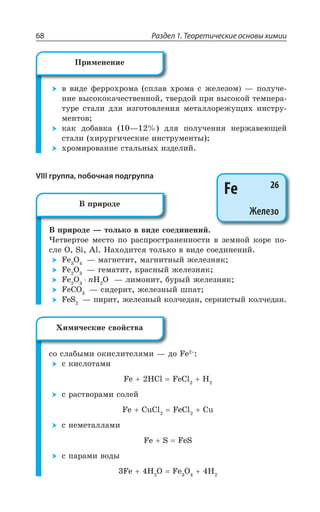 Раздел 1. Теоретические основы химии68
Ä ÄÊÆÇ ÖÇÒÒÐ×ÒÐÎÂ ÓÑÍÂÄ ×ÒÐÎÂ Ó ÈÇÍÇÉÐÎ z ÑÐÍÕÙÇ
ÏÊÇ ÄÝÓÐÌÐÌÂÙÇÓÔÄÇÏÏÐË ÔÄÇÒÆÐË ÑÒÊ ÄÝÓÐÌÐË ÔÇÎÑÇÒÂ
ÔÕÒÇ ÓÔÂÍÊ ÆÍá ÊÉÅÐÔÐÄÍÇÏÊá ÎÇÔÂÍÍÐÒÇÈÕÛÊ× ÊÏÓÔÒÕ
ÎÇÏÔÐÄ
ÌÂÌ ÆÐÃÂÄÌÂ z ÆÍá ÑÐÍÕÙÇÏÊá ÏÇÒÈÂÄÇàÛÇË
ÓÔÂÍÊ ×ÊÒÕÒÅÊÙÇÓÌÊÇ ÊÏÓÔÒÕÎÇÏÔÝ 
×ÒÐÎÊÒÐÄÂÏÊÇ ÓÔÂÍÞÏÝ× ÊÉÆÇÍÊË
VIII группа, побочная подгруппа
¤ ÑÒÊÒÐÆÇ z ÔÐÍÞÌÐ Ä ÄÊÆÇ ÓÐÇÆÊÏÇÏÊË
¹ÇÔÄÇÒÔÐÇ ÎÇÓÔÐ ÑÐ ÒÂÓÑÒÐÓÔÒÂÏÇÏÏÐÓÔÊ Ä ÉÇÎÏÐË ÌÐÒÇ ÑÐ
ÓÍÇ 3 7M %P ¯Â×ÐÆÊÔÓá ÔÐÍÞÌÐ Ä ÄÊÆÇ ÓÐÇÆÊÏÇÏÊË
*I 3 z ÎÂÅÏÇÔÊÔ ÎÂÅÏÊÔÏÝË ÈÇÍÇÉÏáÌ
*I 3 z ÅÇÎÂÔÊÔ ÌÒÂÓÏÝË ÈÇÍÇÉÏáÌ
*I 3 R, 3 z ÍÊÎÐÏÊÔ ÃÕÒÝË ÈÇÍÇÉÏáÌ
*I'3 z ÓÊÆÇÒÊÔ ÈÇÍÇÉÏÝË ÚÑÂÔ
*I7 z ÑÊÒÊÔ ÈÇÍÇÉÏÝË ÌÐÍÙÇÆÂÏ ÓÇÒÏÊÓÔÝË ÌÐÍÙÇÆÂÏ
ÓÐ ÓÍÂÃÝÎÊ ÐÌÊÓÍÊÔÇÍáÎÊ z ÆÐ *I
Ó ÌÊÓÍÐÔÂÎÊ
*I ,'P *I'P ,
Ó ÒÂÓÔÄÐÒÂÎÊ ÓÐÍÇË
*I 'Y'P *I'P 'Y
Ó ÏÇÎÇÔÂÍÍÂÎÊ
*I 7 *I7
Ó ÑÂÒÂÎÊ ÄÐÆÝ
*I , 3 *I 3 ,
±ÒÊÎÇÏÇÏÊÇ
Fe 26
Железо
¤ ÑÒÊÒÐÆÇ
·ÊÎÊÙÇÓÌÊÇ ÓÄÐËÓÔÄÂ
 