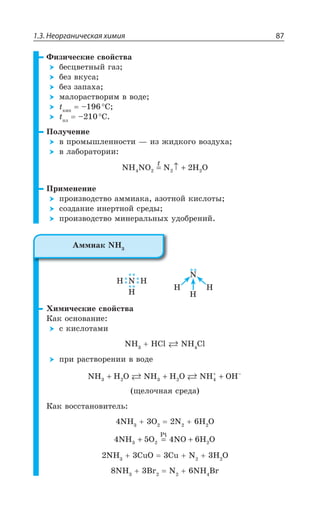 1.3. Неорганическая химия 87
¶ÊÉÊÙÇÓÌÊÇ ÓÄÐËÓÔÄÂ
ÃÇÓØÄÇÔÏÝË ÅÂÉ
ÃÇÉ ÄÌÕÓÂ
ÃÇÉ ÉÂÑÂ×Â
ÎÂÍÐÒÂÓÔÄÐÒÊÎ Ä ÄÐÆÇ
XÌÊÑ
y ³
XÑÍ
y ³
±ÐÍÕÙÇÏÊÇ
Ä ÑÒÐÎÝÚÍÇÏÏÐÓÔÊ z ÊÉ ÈÊÆÌÐÅÐ ÄÐÉÆÕ×Â
Ä ÍÂÃÐÒÂÔÐÒÊÊ
NH NO N H O24 2 2 2= ↑ +
X
±ÒÊÎÇÏÇÏÊÇ
ÑÒÐÊÉÄÐÆÓÔÄÐ ÂÎÎÊÂÌÂ ÂÉÐÔÏÐË ÌÊÓÍÐÔÝ
ÓÐÉÆÂÏÊÇ ÊÏÇÒÔÏÐË ÓÒÇÆÝ
ÑÒÐÊÉÄÐÆÓÔÄÐ ÎÊÏÇÒÂÍÞÏÝ× ÕÆÐÃÒÇÏÊË
, ,
,
2
2
,
,,
·ÊÎÊÙÇÓÌÊÇ ÓÄÐËÓÔÄÂ
¬ÂÌ ÐÓÏÐÄÂÏÊÇ
Ó ÌÊÓÍÐÔÂÎÊ
2, ,'P 2, 'P
ÑÒÊ ÒÂÓÔÄÐÒÇÏÊÊ Ä ÄÐÆÇ
NH H O NH H O NH OH2 23 3 4+ + ++ −
ÛÇÍÐÙÏÂá ÓÒÇÆÂ
¬ÂÌ ÄÐÓÓÔÂÏÐÄÊÔÇÍÞ
2, 3 2 , 3
4 5 4 63 2NH O NO H O
Pt
2+ = +
2, 'Y3 'Y 2 , 3
2, V 2 2, V
¢ÎÎÊÂÌ 2,
 