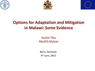 Bonn, Germany
4th June, 2013
Options for Adaptation and Mitigation
in Malawi: Some Evidence
Austin Tibu
MoAFS-Malawi
 