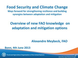 Overview of new FAO knowledge on
adaptation and mitigation options
Alexandre Meybeck, FAO
Food Security and Climate Change
Ways forward for strengthening resilience and building
synergies between adaptation and mitigation
Bonn, 4th June 2013
 