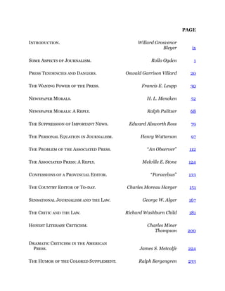 PAGE
Introduction. Willard Grosvenor
Bleyer ix
Some Aspects of Journalism. Rollo Ogden 1
Press Tendencies and Dangers. Oswald Garrison Villard 20
The Waning Power of the Press. Francis E. Leupp 30
Newspaper Morals. H. L. Mencken 52
Newspaper Morals: A Reply. Ralph Pulitzer 68
The Suppression of Important News. Edward Alsworth Ross 79
The Personal Equation in Journalism. Henry Watterson 97
The Problem of the Associated Press. “An Observer” 112
The Associated Press: A Reply. Melville E. Stone 124
Confessions of a Provincial Editor. “Paracelsus” 133
The Country Editor of To-day. Charles Moreau Harger 151
Sensational Journalism and the Law. George W. Alger 167
The Critic and the Law. Richard Washburn Child 181
Honest Literary Criticism. Charles Miner
Thompson 200
Dramatic Criticism in the American
Press. James S. Metcalfe 224
The Humor of the Colored Supplement. Ralph Bergengren 233
 