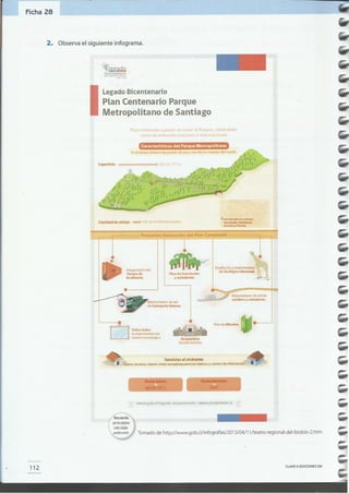 CLAVE C> EDICIONES SM
112
Tomado de http://www.gob.cI/infografias/2013/04/11/teatro-regional-del-biobio-2.htm
",w·.v.gob.clltcgado bkentenano www.parq<remet.cI
"""o' Servicios al visitante:
• ""0110' ac~. """"as Z()fIiI'r9Clllativas.S4>lViciosbásico. y CllOtro.doinformacion.
' .. porwl'lt
Tc;rr(oOn V¡CtoO:d:
pten de dtfus'ón.
M.¡oraml.l1to d.tI,,¡
¡lg trtnsporto ,,,temo.
MojOO'"",,,,",ode r.dde
SQndefo~y mirador ..
:nao.J8U13aon .J.l
Parqu.d.
la Inf.nd •.
O~f:n"t¡fo:mu."Q.r
.... dI... "- -'dtnci>.
RtcQlKayvt~
Caracteñsticas del Parque Metropolitano
legado Bicentenario
Plan Centenario Parque
Metropolitano de SantiagoI
2. Observa el siguiente infograma.
Ficha 28
 