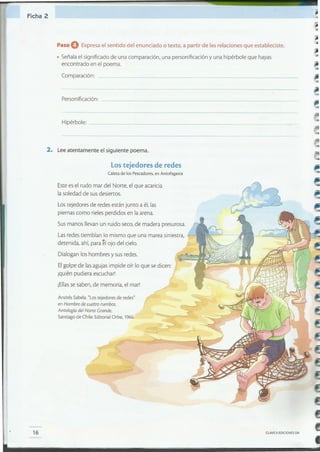 CLAVE © EDICIONES SM16
Lostejedores de redesestánjunto a él, las
piernascomo rielesperdidos en la arena.
Susmanos llevan un ruido seco,de madera presurosa.
Lasredestiemblan lo mismo que una mareasiniestra,
detenida, ahí,para~I ojo del cielo.
Dialogan los hombres y sus redes.
Elgolpe de lasagujasimpide oír lo que sedicen:
.quién pudiera escuchar:
Ellas sesaben,de memoria, el mar!
Esteesel rudo mar del Norte, el que acaricia
la soledad de susdesiertos.
Andrés Sabela."Lostejedores de redes"
en Hombre de cuatro rumbos.
Antología del Norte Grande.
Santiago de Chile:EditorialOrbe, 1966.
los tejedores de redes
Caleta de los Pescadores, en Antofagasta
2. Leeatentamente el siguiente poema.
Hipérbole: _
Personificación:
Paso O Expresael sentido del enunciado o texto, a partir de las relaciones que estableciste.
• Señalael significado de una comparación, una personificación y una hipérbole que hayas
encontrado en el poema.
Comparación:
Ficha 2
 