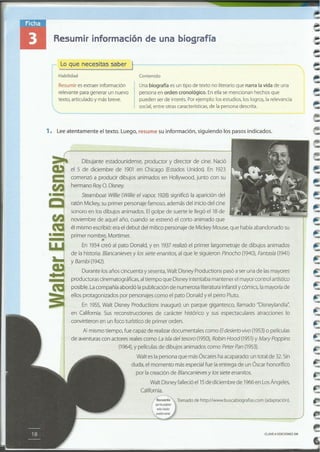 -
-
CLAVE eEDICIONES SM
Tomado de http://www.buscabiografias.com (adaptación).
Dibujante estadounidense, productor y director de cine. Nació
el 5 de diciembre de 1901 en Chicago (Estados Unidos). En 1923
comenzó a producir dibujos animados en Hollywood, junto con su
hermano RoyO. Disney.
Steamboat Willie (Willie el vapor, 1928)significó la aparición del
ratón Mickey, su primer personaje famoso, además del inicio del cine
sonoro en los dibujos animados. Elgolpe de suerte le llegó el18 de
noviembre de aquel año, cuando se estrenó el corto animado que
él mismo escribió: era el debut del mítico personaje de Mickey Mouse, que había abandonado su
primer nombre, Mortimer.
En 1934 creó al pato Donald, y en 1937realizó el primer largometraje de dibujos animados
de la historia: Blancanieves y 105 siete enanitos, al que le siguieron Pinocho (1940),Fantasía (1941)
y Bambi (1942).
Durante los años cincuenta y sesenta, Walt Disney Productions pasó a ser una de las mayores
productoras cinematográficas, altiempo que Disney intentaba mantener el mayor control artístico
posible. La compañía abordó la publicación de numerosa literatura infantil y cómics, la mayoría de
ellos protagonizados por personajes como el pato Donald yel perro Pluto.
En 1955,Walt Disney Productions inauguró un parque gigantesco, llamado "Disneylandia",
en California. Sus reconstrucciones de carácter histórico y sus espectaculares atracciones lo
convirtieron en un foco turístico de primer orden.
Al mismo tiempo, fue capaz de realizar documentales como Eldesierto vivo (1953)o películas
de aventuras con actores reales como La isla del tesoro (1950),Robin Hood (1951)y Mary Poppins
(1964),y películas de dibujos animados como Peter Pan (1953).
1. Leeatentamente el texto. Luego, resume su información, siguiendo los pasos indicados.
Una biografía es un tipo de texto no literario que narra la vida de una
persona en orden cronológico. Enella se mencionan hechos que
pueden serde interés.Porejemplo: los estudios, los locros.la relevancia
social,entre otras características,de la personadescrita.
Resumir esextraer información
relevante paragenerar un nuevo
texto, articulado y más breve.
Contenido
- Lo que necesitas saber t
Habilidad
Resumir información de una biografía
11
Walt es la persona que más Óscares ha acaparado: un total de 32. Sin
duda, el momento más especial fue la entrega de un Óscar honorífico
por la creación de Blancanieves y los siete enanitos.
Walt Disneyfalleció el15 de diciembre de 1966 en LosÁngeles,
California.
 