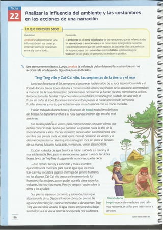 86 CLAVEe EDICIONES SM
•No llevaba palabras el viento, pero comprendieron, sin saber cómo, que
debían correr lo más rápido que pudieran sus piernas hasta lo alto de la
montaña frente a ellos. Ya casi sin aliento continuaban subiendo hasta una
cumbre que parecía cada vez más lejana. Pero el cansancio los venció y se
detuvieron para tomar aliento junto a una granroca, sin soltar el canasto
de sus manos. Miraron hacia atrás, y entonces, vieron algo increíble.
Estaban rodeados de agua. Los ríos se habían salido de sus cauces y el
mar subía y subía. Pero,justo en ese momento, oyeron lavoz de laculebra
buena, la voz de Treg-Tregvilu,gigante de los montes, que les decía:
-No teman. Yo vaya subir más y más la cumbre;
que crezca esta montaña para que el agua queles envía
Cai-Cai vilu, la culebra gigante enemiga del género humano,
no los alcance. Cai-Cai vilu prepara el exterminio de los
hombres y las mujeres, con el poder que ella tiene sobre los
volcanes, los ríos y los mares. Pero yo tengo el poder sobre la
tierra y los ayudaré.
Sus piernas siguieron corriendo y subiendo, hasta que
alcanzaron la cima. Desde ahí vieron cómo, de pronto, las
aguas se detenían y las nubes comenzaban a desaparecer. Treg- boqui: especie de enredadera cuyo tallo
Treg vilu los había salvado. Elagua estaba empezando abajar muy resistente, se utiliza para tejer cestos y
su nivel y Cai-Cai vilu se retorcía desesperada por su derrota. canasros.
Treg-Treg vilu y Cal-Cal vilu, las serpientes de la tierra y el mar
Junto con levantarse el Sol, temprano al amanecer, habían salido de su ruca la joven Guacolda y el
fornido Elicura. En esa época del año, a comienzos del verano, los piñones de las araucarias comenzaban ~
a madurar. Era la base del sustento para los meses de invierno, ya fueran cocidos, como harina, o fritos.
Entonces todas las familias mapuches salían a cosecharlos, teniendo gran cuidado de sacar solo el
fruto, sin dañar el árbol. Durante el camino ambos jóvenes se habían entretenido comiendo
frutillas silvestres y murta, que les hacían verse muy divertidos con sus bocas moradas.
Habían trabajado durante horas y el canasto de boqui estaba lleno de frutos
del bosque. Se disponían a volver a su ruca, cuando sintieron algo extraño en el
ambiente.
1. Lee atentamente el texto. Luego, analiza la influencia del ambiente y las costumbres en las
acciones de una leyenda. Sigue los pasos indicados.
Elambiente es el clima psicológico de lasnarraciones,que se refierea todas
lassensaciones o emociones que se presentan a lo largode la narración.
Estaatmósfera tiene que ver con el espacio, lasacciones y lascaracterísticas
de los personajes. Lascostumbres son los hábitos establecidos por
tradición de un grupo de personas, sociedades o pueblos.
Contenido
Lo que necesitas saber )-------------~
Habilidad
Analizar es descomponer una
información en sus partes y
entender cómo se relacionan
entre síy con el todo.
Analizar la influencia del ambiente y las costumbres
en las acciones de una narración
 