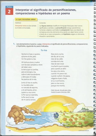 CLAVE e EDIOONES SM
Pablo Neruda. Neruda para niños.
Madrid: SusaetaEdiciones, 2004.
=
=
Ríete de la noche,
del día, de la Luna,
ríete de las calles
torcidas de la isla,
ríete de este torpe
muchacho que te quiere,
pero cuando yo abro
los ojos y los cierro,
cuando mis pasos van,
cuando vuelven mis pasos,
niégame el pan, el aire,
la luz, la primavera,
pero tu risa nunca
porque me moriría.
Quítame el pan, si quieres,
quítame el aire, pero
no me quites tu risa.
Mi lucha es dura y vuelvo
con los ojos cansados a veces
de haber visto
la tierra que no cambia,
pero al entras tu risa
sube el cielo buscándome
y abre para mí todas
las puertas de la vida.
Junto al mar en otoño,
tu risa debe alzar
su cascada de espuma,
yen primavera, amor,
quiero tu risa como
la flor que yo esperaba,
la flor azul, la rosa
de mi patria sonora.
furi~ =
14
1. Leeatentamente el poema. Luego, interpreta el significado de personificaciones, comparaciones
e hipérboles, siguiendo los pasosindicados. ~
Lasfiguras retóricas modifican el lenguaje literal paracrear nuevos
significados o sentidos. Lapersonificación otorga características
humanas a objetos o animales;la comparación hace una relación de
semejanzaentre dos elementos de acuerdo con algún factor común
a través de un nexo comparativo, y la hipérbole exageraun elemento,
situación o sentimiento.
Contenido
Lo que necesitas saber)
Habilidad
Interpretar textos es dar sentido
a un texto o enunciado.
Interpretar el significado de personificaciones,
comparaciones e hipérboles en un poema
 