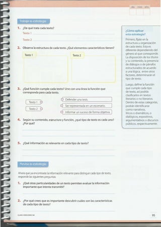 95
¿Cómoaplicar
esta estrategia?
Primero,fíjate en la
estructura u organización
de cadatexto. Estaes
diferente dependiendo del
género al que corresponde.
Ladisposición de lostítulos
y su contenido, la presencia
de diálogos o de párrafos
estructurados de acuerdo
a una lógica, entre otros
factores,determinarán el
tipo de texto.
Luego,define lafunción
que cumple cadatipo
de texto, asípodrás
clasificarlosen textos
literarioso no literarios.
Dentro de estascategorías,
podrán identificarse
como narrativos,
líricoso dramáticos, o
dialógicos, expositivos,
argumentativos o discursos
públicos, respectivamente.
CLAVE '¡HDICION ES SM
2. ¿Porqué creesque es importante descubrir cuáles son las características
de cada tipo de texto?
1. ¿Quéotras particularidades de un texto permiten evaluar la información
importante que intenta transmitir?
Ahoraque yaencontrastelainformaciónrelevanteparadistinguircadatipo de texto,
respondelassiguientespreguntas:
5. ¿Quéinformación es relevante en cada tipo de texto?
4. Según su contenido, eS¡ructura y función, ¿quétipo de texto es cada uno?
¿Porqué?
q Serrepresentadaen un escenario.
q Informar un sucesode forma objetiva. 1
Texto 1 ~
Texto 2 ~
Q Defender una tesis.
3. ¿Quéfunción cumple cada texto? Une con una línea la función que
corresponda para cada texto.
Texto2Texto1
2. Observa la estructura de cada texto. ¿Quéelementos característicostienen?
Texto 2_
1. ¿Dequé trata cada texto?
Texto 1 _
día mes año
 