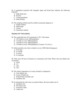 84. A population pyramid with triangular shape and broad base indicates the following
EXCEPT
A. High death rates
B. Poverty
C. Young population
D. More females
85. The sampling method used for reliable community diagnosis is
A. Simple random
B. Multi-stage
C. Cluster
D. Systematic random
Situation 18: Vital statistics
86. The crude birth rate of X community is 30.5. This means
A. 30.5 births in every 1000 population
B. 31 births in every 1000 population
C. 30 births in every 1000 population
D. 30 births in every 1000 population of women 15 to 44 y.o.
87. Infant mortality rate refers to deaths in every 1000 births belonging to
A. 0-28 days
B. 0-1month
C. 0-1week
D. 0-12months
88. There were 20 cases of measles in a community and 5 died. What is the case fatality rate
of measles?
A. 0.025
B. 2.5
C. 25%
D. 250
89. The relative importance of a cause of death is computed as
A. Case fatality rate
B. Cause-of-death rate
C. Proportionate mortality rate
D. Incidence rate
90. In estimating the rank cause as common illness, the nurse makes use of
A. Incidence rate
B. Prevalence rate
C. Swaroop’s index
D. Attack rate

 