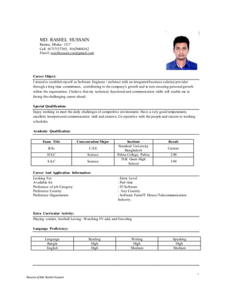 1
Resume of Md. Rashel Hussain
MD. RASHEL HUSSAIN
Ramna, Dhaka- 1217
Cell: 01717137305, 01629406362
Email: reselhossain.cse@gmail.com
Career Object:
I intend to establish myself as Software Engineer / architect with an integrated business solution provider
through a long time commitment, contributing to the company's growth and in turn ensuring personalgrowth
within the organization. I believe that my technical, functional and communication skills will enable me in
facing the challenging career ahead.
Special Qualification:
Enjoy working to meet the daily challenges of competitive environment. Have a very good temperament,
excellent interpersonal communication skill and creative, Co-operative with the people and sincere to working
schedules
Academic Qualification:
Exam Title Concentration/Major Institute Result
B.Sc C.S.E
Stamford University
Bangladesh
Current
H.S.C Science Pabna College, Pabna 2.90
S.S.C Science
D.B. Gram High
School
3.94
Career And Application Information:
Looking For : Entry Level
Available for : Part time
Preference of job Category : IT/Software
Preference Country : Any Country
Preference Organization : Software Farm/IT House/Telecommunication
Industry.
Extra Curricular Activity:
Playing -cricket, football Loving- Watching TV add, and Traveling
Language Proficiency:
Language Reading Writing Speaking
Bangla High High High
English High Medium Medium
 