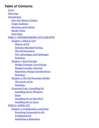 Table of Contents
Cover
Title Page
Introduction
How this Book is Unique
Target Audience
Structure and Content
Reader Value
Next Steps
PART I: UNDERSTANDING GIT CONCEPTS
Chapter 1: What Is Git?
History of Git
Industry-Standard Tooling
The Git Ecosystem
Git's Advantages and Challenges
Summary
Chapter 2: Key Concepts
Design Concepts: User-Facing
Design Concepts: Internal
Repository Design Considerations
Summary
Chapter 3: The Git Promotion Model
The Levels of Git
Summary
Connected Lab 1: Installing Git
Installing Git for Windows
Steps
Installing Git on Mac OS X
Installing Git on Linux
PART II: USING GIT
Chapter 4: Configuration and Setup
Executing Commands in Git
Configuring Git
Initializing a Repository
 