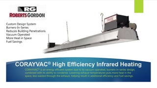 CORAYVAC® High Efficiency Infrared Heating
CORAYVAC® is an energy efficient system due to its vacuum operated, burners-in-series design,
combined with its ability to condense. Lowering exhaust temperatures puts more heat in the
space, less wasted through the exhaust, helping result in additional efficiency and fuel savings.
Custom Design System
Burners-In-Series
Reduces Building Penetrations
Vacuum Operated
More Heat in Space
Fuel Savings
 