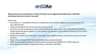 Did you know we can provide you a 70 ton Unit that can be rigged and installed onto a 10th floor
mechanical room by 3-4 men in one day?
Here’s how:
• Each section is a completely tested and charged box with structural integrity sized to fit through a 36"
door. (90 minutes)
• Temporarily hang the fan section from the ceiling (1 hour)
• Place the coil and compressor sections below and drop the fans on top. UNITS ARE SHIPPED CHARGED!
Simply thread the pieces together, tie the wiring to the fans and use the molex connectors for the control
wiring. (90 minutes)
• Hook up the power, duct connections, and single point condenser water connections and you are all set!
(4 hours)
• Water side economizer? Its inside and already valved, piped and wired
• BMS? Available with a network card with all the usual protocols (BACNET IP or MSTP, LON, etc)
• Heat options are available: Single point electric, Hot Water and Steam
 