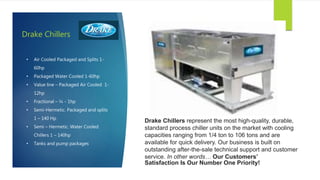 Drake Chillers
• Air Cooled Packaged and Splits 1-
60hp
• Packaged Water Cooled 1-60hp
• Value line – Packaged Air Cooled 1-
12hp
• Fractional – ¼ - 1hp
• Semi-Hermetic. Packaged and splits
1 – 140 Hp
• Semi – Hermetic. Water Cooled
Chillers 1 – 140hp
• Tanks and pump packages
Drake Chillers represent the most high-quality, durable,
standard process chiller units on the market with cooling
capacities ranging from 1/4 ton to 106 tons and are
available for quick delivery. Our business is built on
outstanding after-the-sale technical support and customer
service. In other words… Our Customers’
Satisfaction Is Our Number One Priority!
 