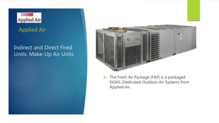 Indirect and Direct Fired
Units. Make-Up Air Units
Applied Air
 The Fresh Air Package (FAP) is a packaged
DOAS (Dedicated Outdoor Air System) from
Applied Air.
 