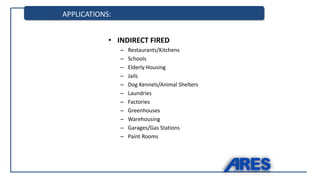 APPLICATIONS:
• INDIRECT FIRED
– Restaurants/Kitchens
– Schools
– Elderly Housing
– Jails
– Dog Kennels/Animal Shelters
– Laundries
– Factories
– Greenhouses
– Warehousing
– Garages/Gas Stations
– Paint Rooms
 