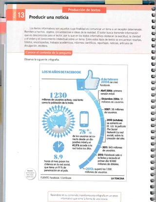Produeir una noticia
Los textos informativos son aquellos cuya finalidad es comunicar un tema a un receptor determinado.
Remiten a hechos, objetos, circunstanctas e ideas de la realidad. El autor busca transmrtlr información
que es desconocida para el lector, por lo que en los textos informativos destacan la exactitud, la claridad
y el orden y el conocimiento intelectual sobre un tema. Entre estos tipos de textos se encuentran reseñas,
folletos, enciclopedias, trabajos académicos, informes científ¡cos, reportajes, noticras, artÍculos de
d ivulgación, etcétera.
Observa la siguiente infografía.
millones de usuorios octivos, cositonlo
como lo pobloción de lo lndio.
focebook.
Abril2006: primero
versión móvil.
Diciemb¡e 2006:12
millones de usuorios.
2OO7:58 millones
de usuorios.
de los usuorios se co-
neclo desde un dis-
posilivo móvil y el
61,5% occede o lo
red lodos los díos.
2010 (octubref:
se eslrenlo en
EE. UU. lo pelÍculo
The Sociol
NetworklLo red
sociol, sobre lo
creqción del sitio.
*
horos ol mes poson los
chilenos en lo red sociol,
que tiene un 9l % de
penelroción en el poís.
20Il:845 millones
de usuorios.
2012: Focebook sole o
lo Bolso y recoudo el
primer dÍo l8 400
millones de dólores.
millones de usuorios.
lüElrTE Focebook / Comscore I.A TERCERA
Basándore en su contenido, ¡ransforma esta infografía en un texro
informarivo que rome la forma de una no¡icia,
Conoce el contexto de la pregunta
 